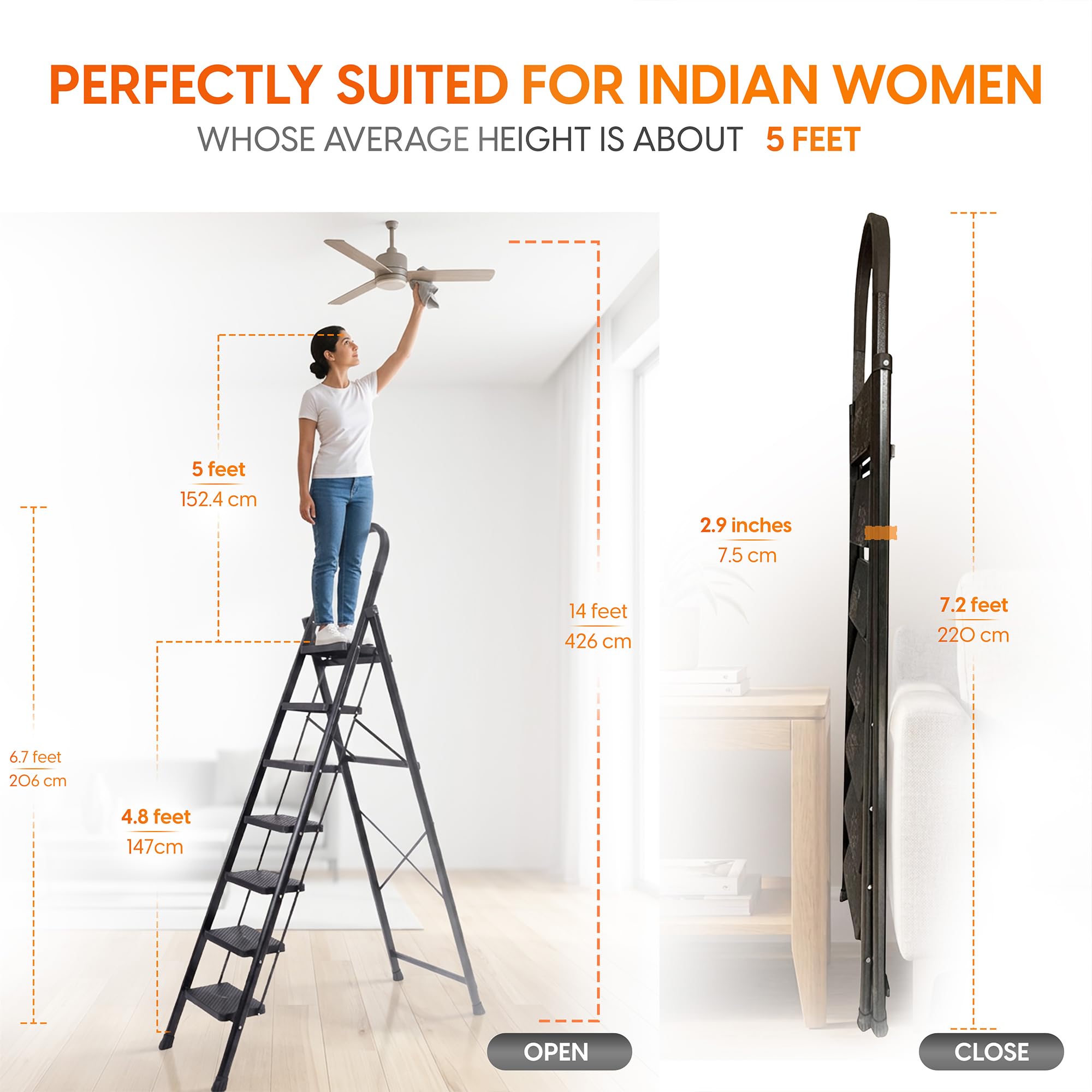 HOUZA Steel Ladder for Home 7 Steps Foldable with Anti-Skid Wide Steps (30cm x 20cm) | 7 Step Ladder for Home Use with D-Shape Rods | Secure Lock | 150 Kg Capacity Folding Ladder | 5 Year Warranty — Amazon image 5