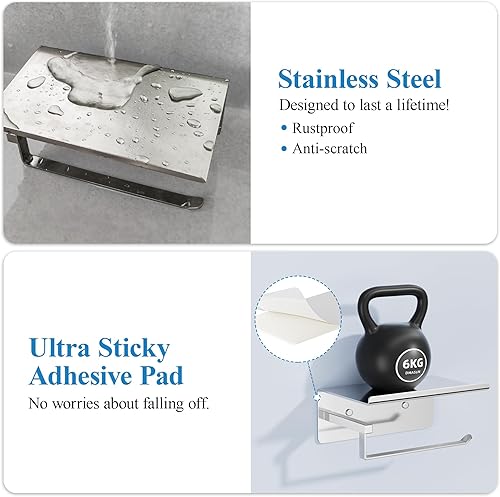 Miniatura 5 de Soporte de papel higiénico de níquel cepillado con estante, soporte de papel higiénico autoadhesivo, soporte para papel higiénico de baño, soporte