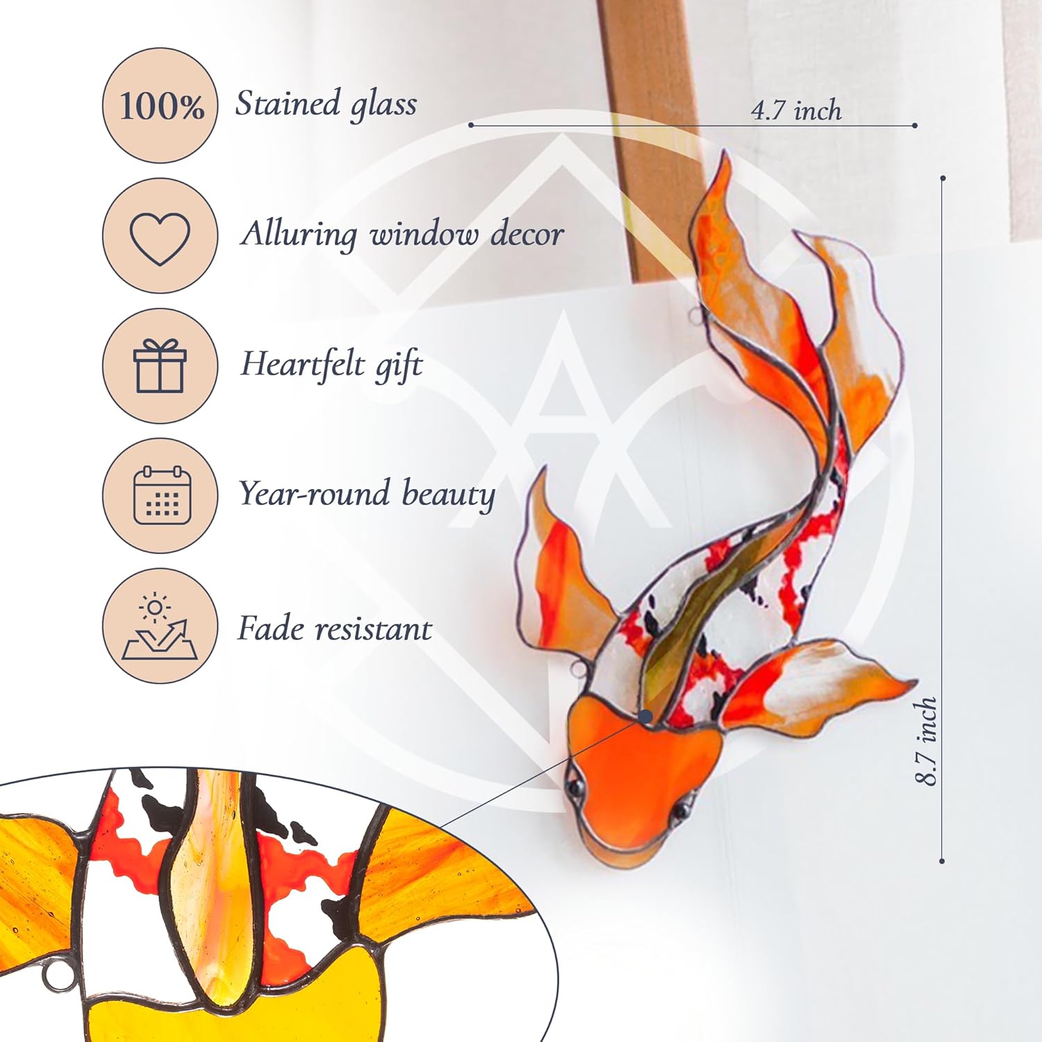 Stained Glass Window Hanging – Koi Carp Decor for Windows – Lovely Glass Suncatcher for House Decoration – Colorful Stained Glass Adornment – Original Gift Idea