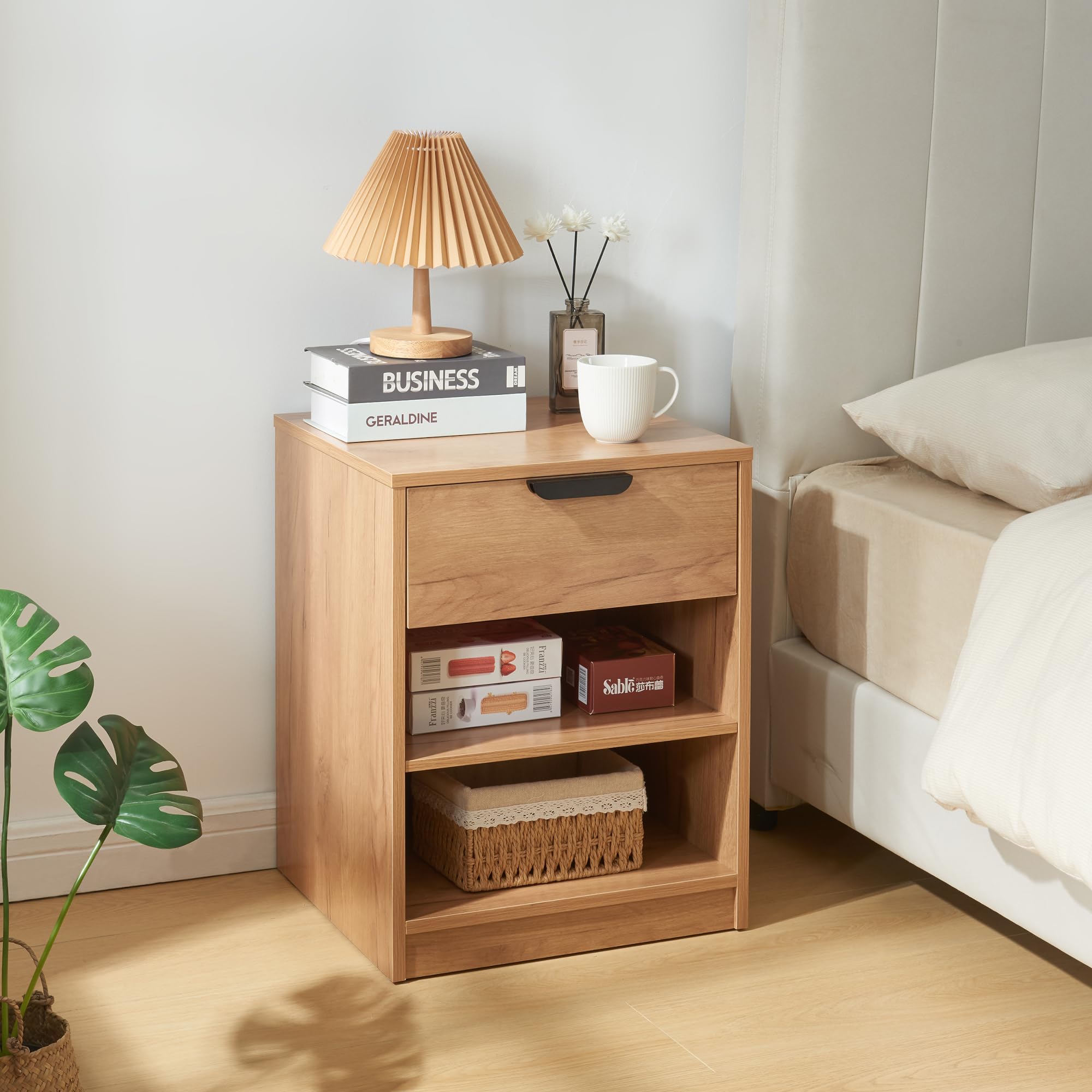 [en.casa] Comodino Singolare Tavolino Laterale con Cassetto e Scomparti Camera da Letto Soggiorno 55 x 43 x 40 cm - Effetto Quercia