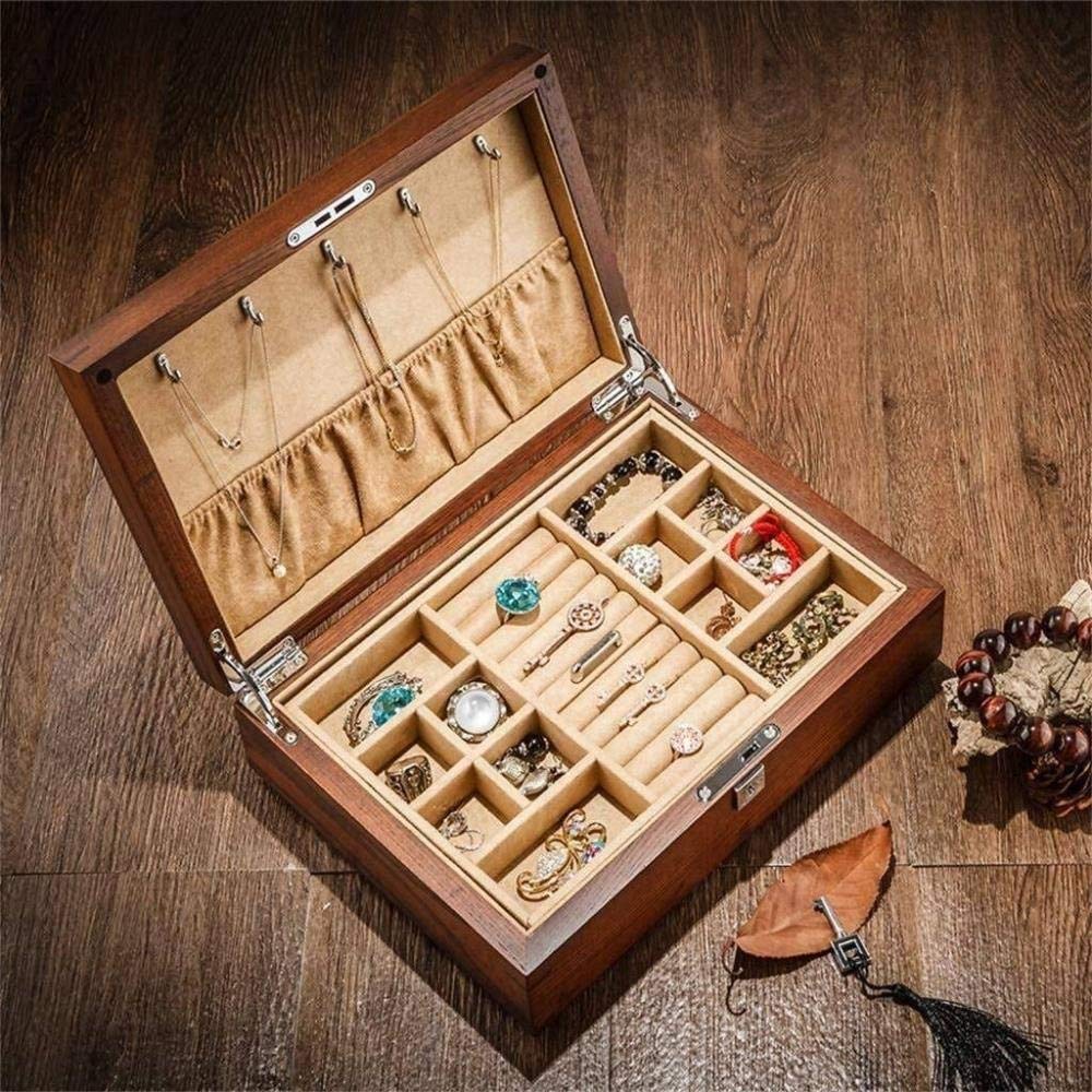 MUSUMI Old OLM Pure Wooden Double Jewelry Box Jewelry Bangle Collection Scatola portaoggetti con Serratura Moda (Cachi)