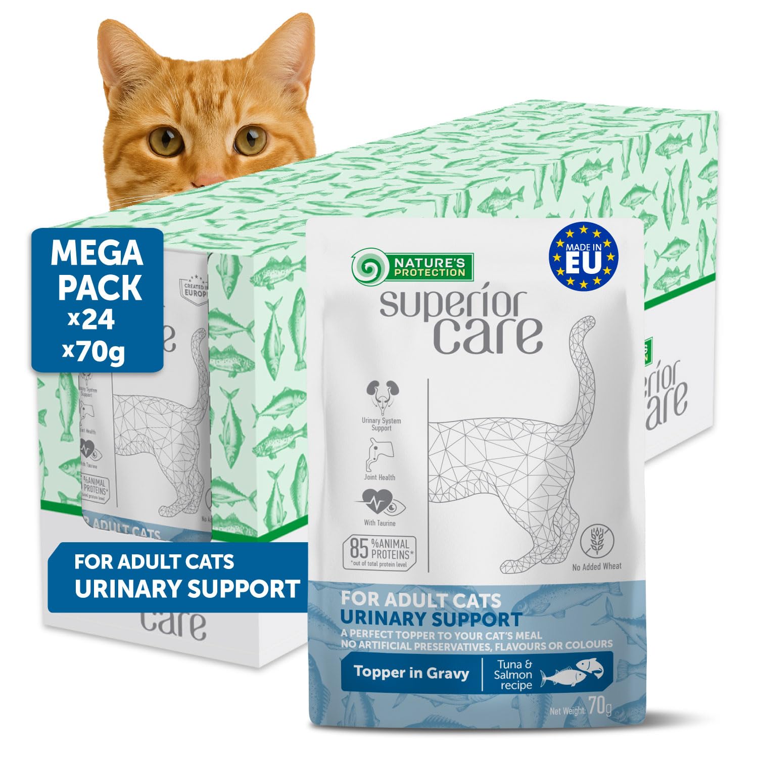 Nature’s Protection Superior Care Wet Cat Food for Urinary Health - Tuna & Salmon Grain Free Cat Food Pouches for Adult Cats - Hypoallergenic - Bladder Support, Hydration, Omega 3 (24 x 70g)