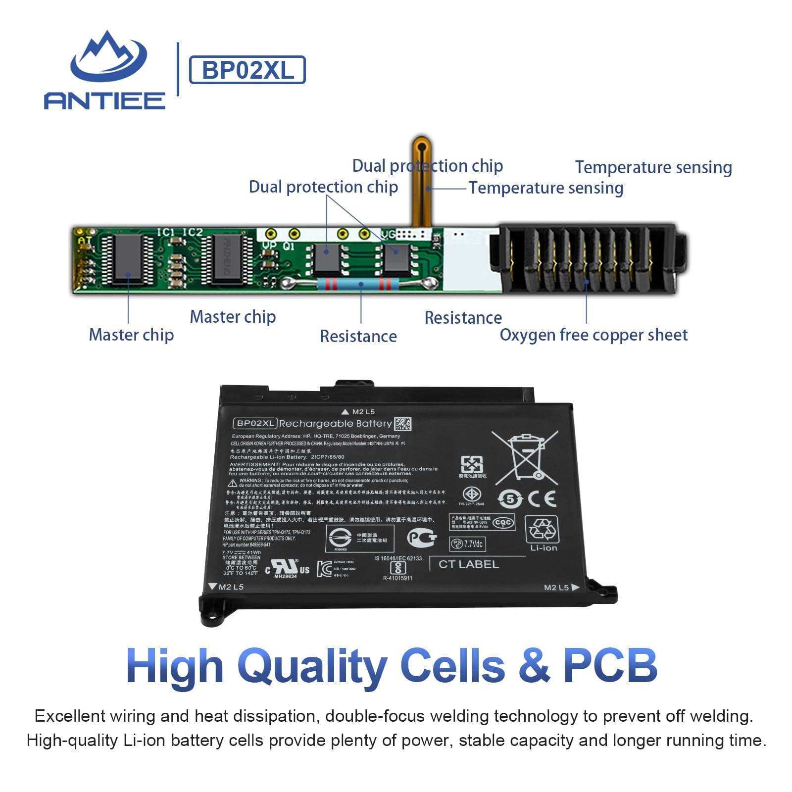 Batería portátil ANTIEE BP02XL para HP Pavilion 15-AU000 15Z-AW000 | 7,7V 41Wh, compatible 849909-850 849569-421 BP02041XL TPN-Q172, apto 15-AU010WM 15-AU018WM
