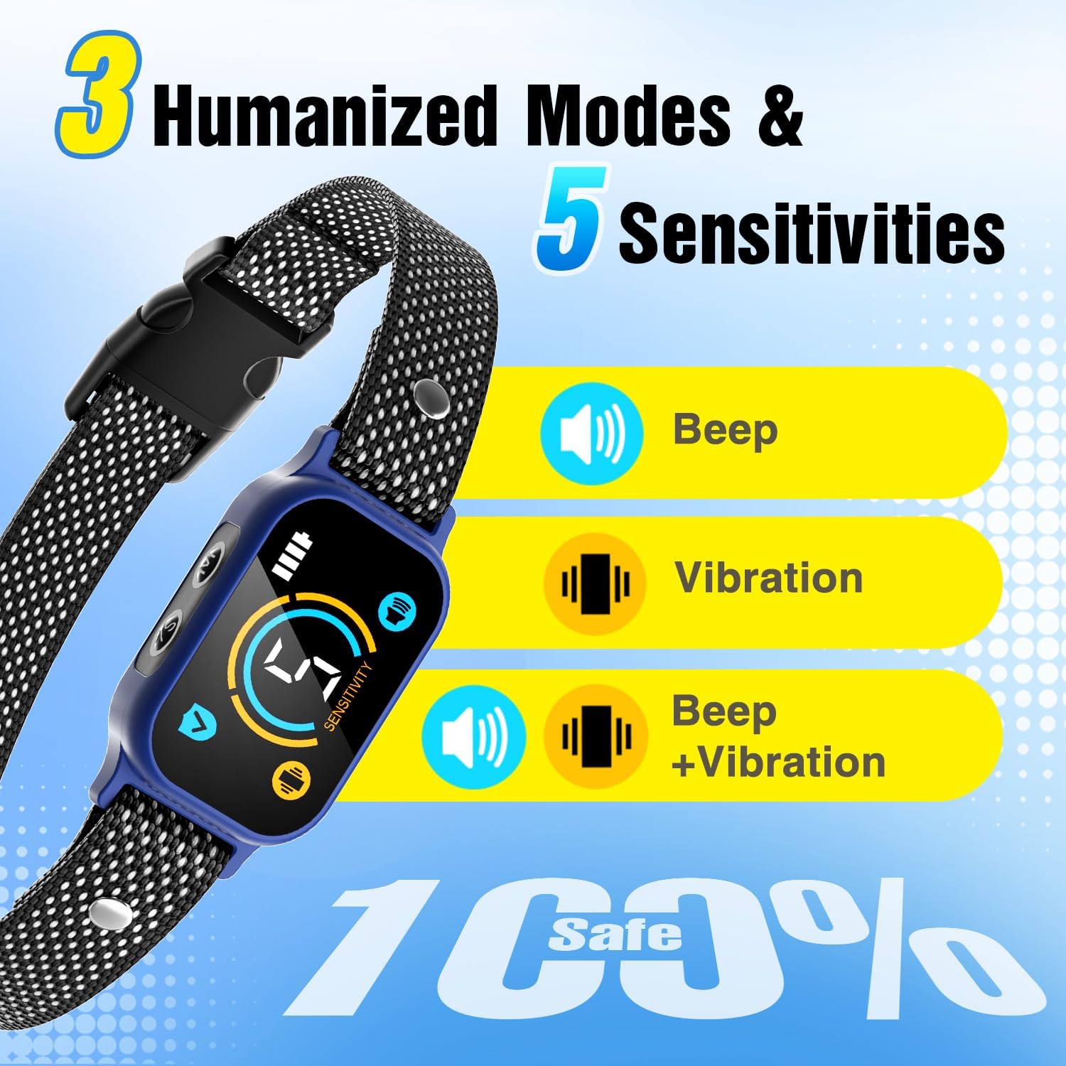 2 Pack Bark Collar, Smart Dog Bark Collar for Large Medium Small Dogs, Rechargeable Ultra-Light Training Collar with Beep Vibration, Anti Barking Device with 5-Level Sensitivity (Blue)