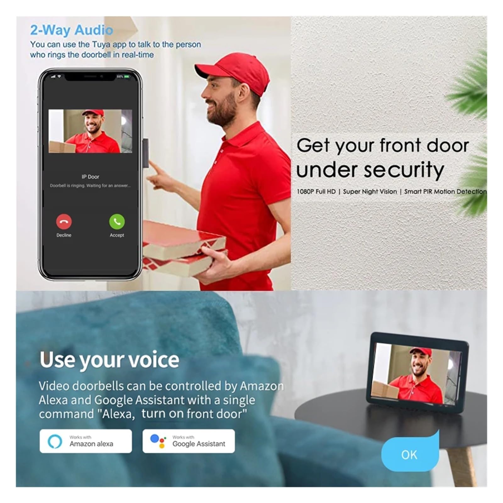 Portero automático. Timbre de Video inalámbrico 1080P, intercomunicador con cámara WiFi, Cerradura electrónica, desbloqueo Remoto Desde el módulo Videoportero