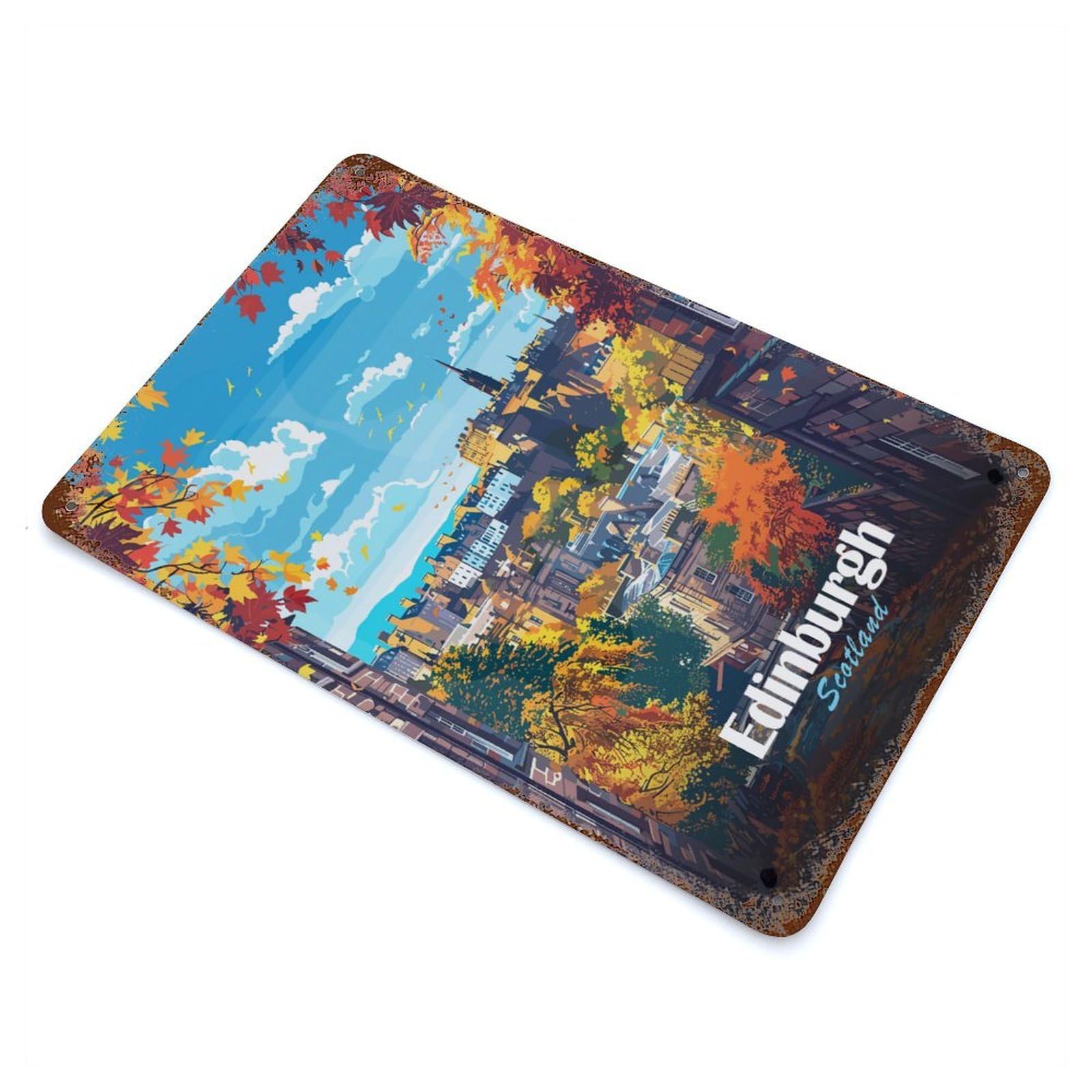 Rust Effect Edinburgh Scotland Autumn Cityscape Illustration Rusty Metal Tin Sign 11.8"x7.9", Rustic Home Decor for Bistro, Counter And Cafe Decor