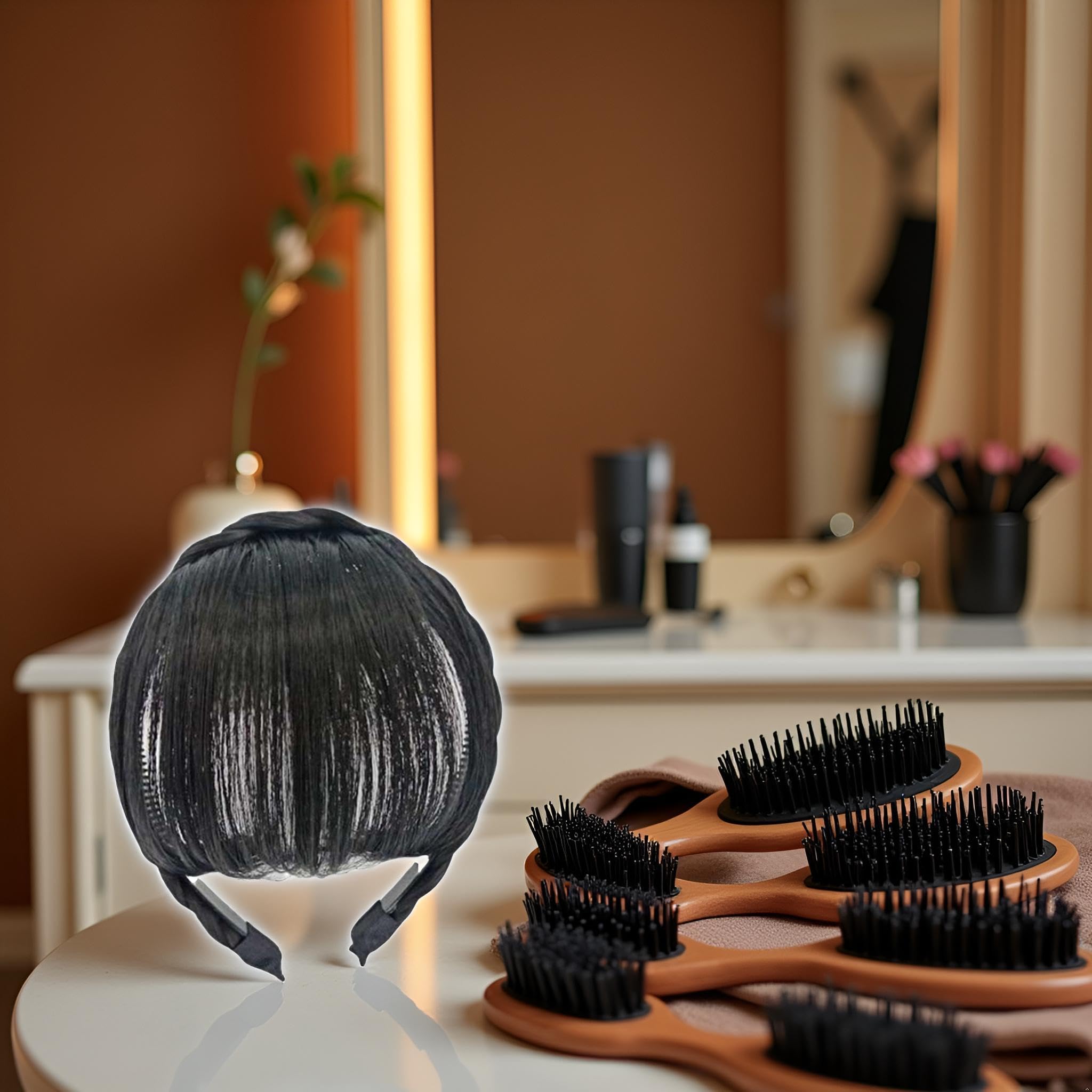 Extensiones de cabello humano 100% negro, con clip, color negro medio, fleco con flequillo, con red agradable, flequillo plano natural y ordenado con sienes para mujer, postizo de una pieza 4
