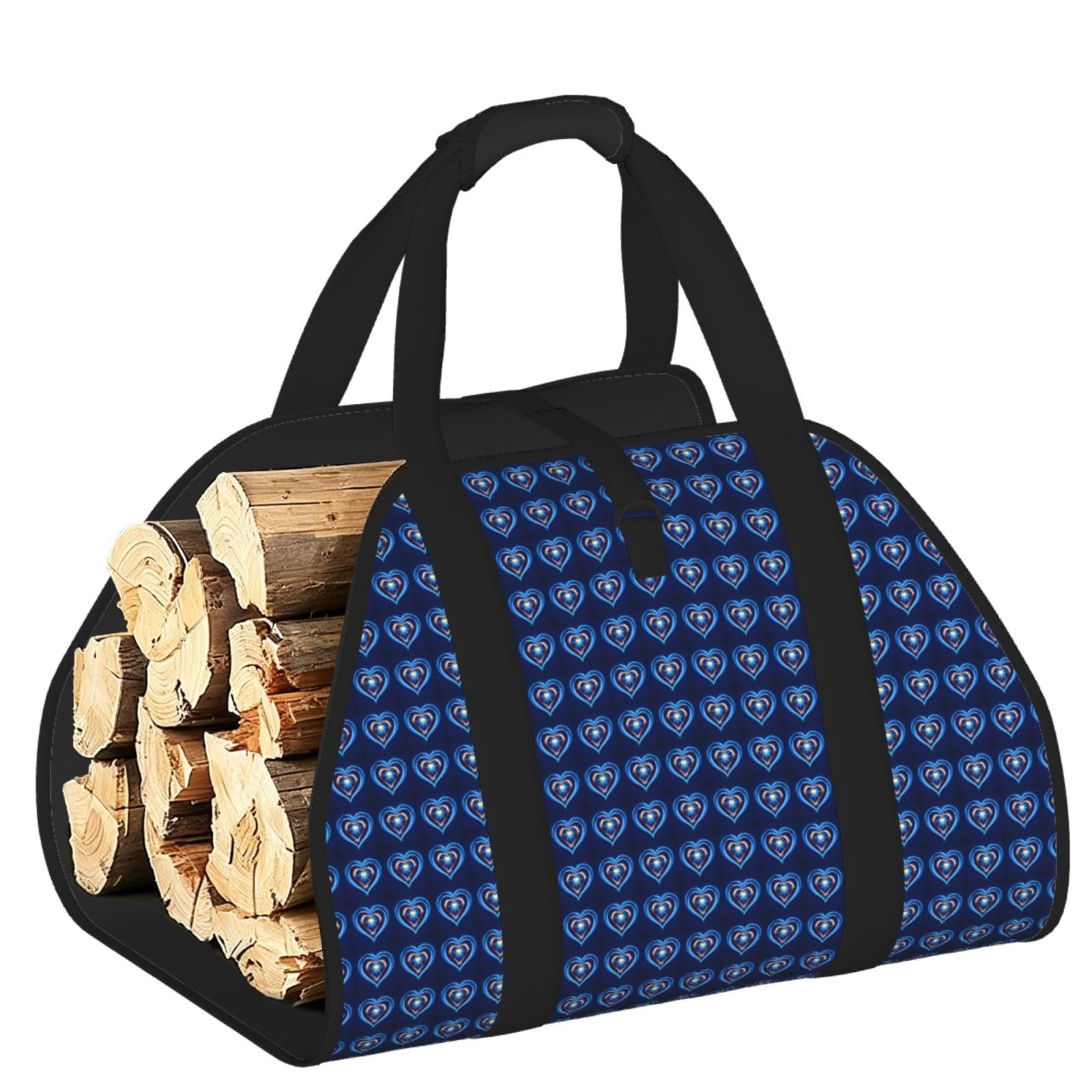 Ayyqwe Black Sky Blue Heart Print Firewood Bag Wood Waterproof Versatile Camping Picnic Storage Daily Home