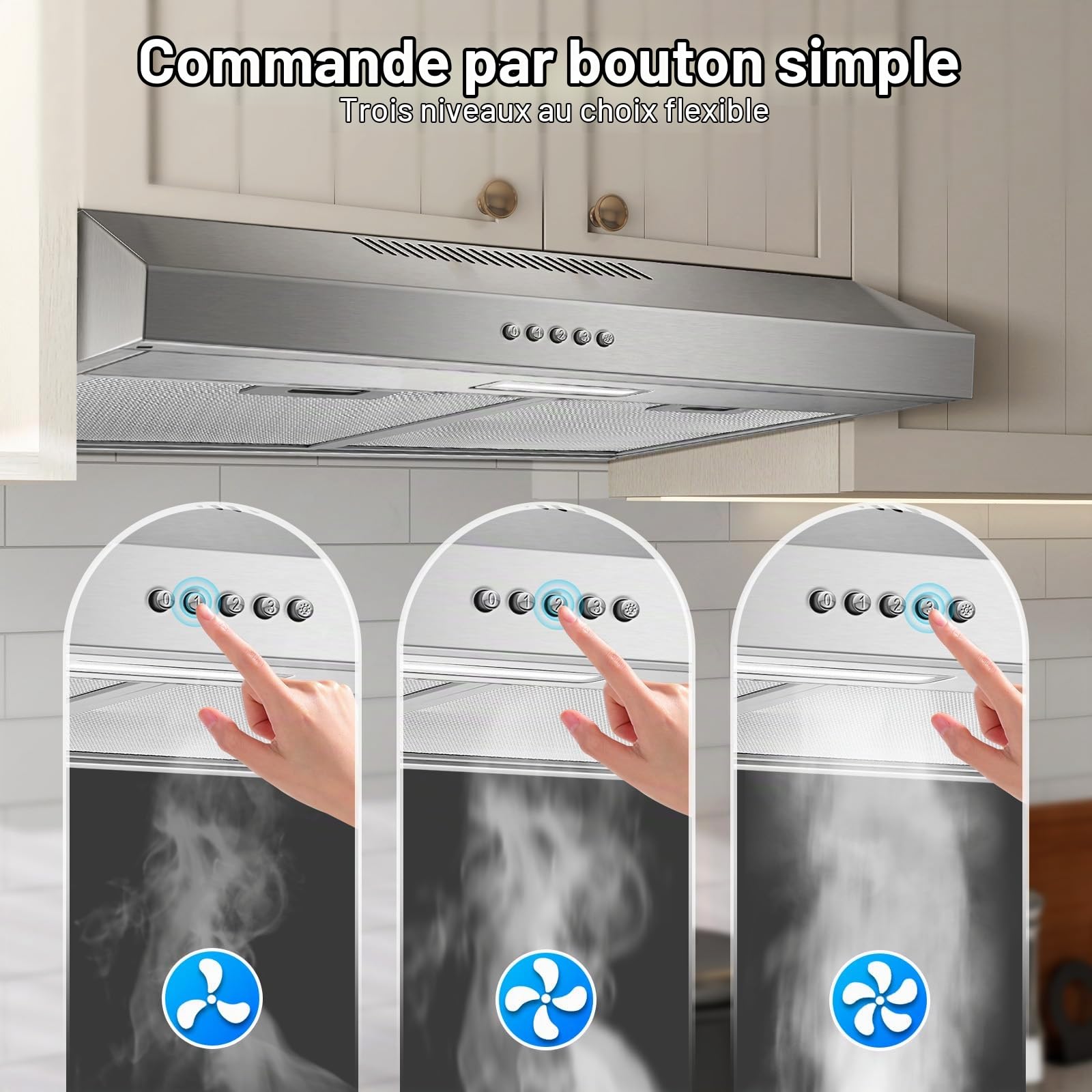TopStrong Hotte aspirante 60cm sous comptoir, hotte aspirante 60cm air circulant/air évacué 201 m³/h, avec filtre à charbon actif CF-D, acier inoxydable