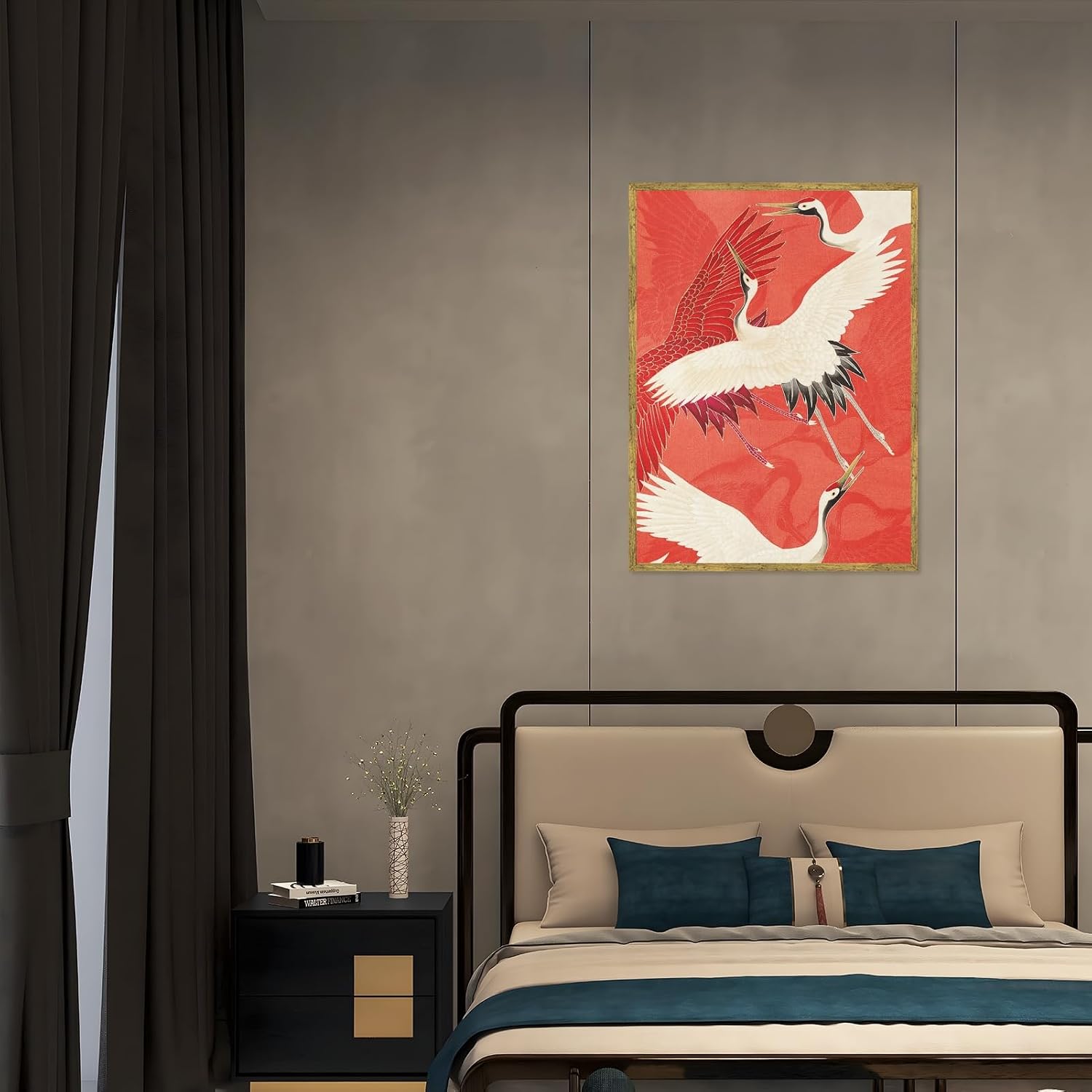 Large Gold Framed Crowned Crane Canvas Wall Art New Asian Style Red White Japanese Big Bird Painting Poster Traditional Elegant Cranes Japandi Artwork Prints for Bedroom Zen Room Decor 24x36inch