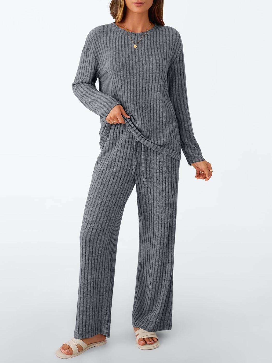 LILLUSORY Womens Lounge Sets 2 Piece Matching Pajamas Fall Fashion 2026 Ribbed Knit Outfits Long Sleeve Casual Sweatsuits - Image 2