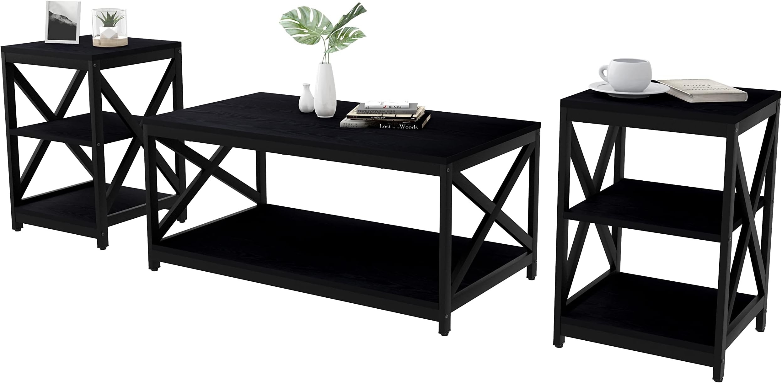 Living Room Coffee Table Set of 3, Industrial X-Design Coffee Table and 2 End Side Tables, 3 Piece Living Room Table Set with Large Storage for Apartment Home (Black)