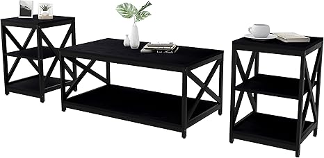 Bigbiglife Living Room Coffee Table Set of 3, Industrial X-Design Coffee Table and 2 End Side Tables, 3 Piece Living Room Table Set with Large Storage for Apartment Home (Black)
