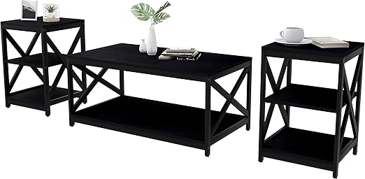 Bigbiglife Living Room Coffee Table Set of 3, Industrial X-Design Coffee Table and 2 End Side Tables, 3 Piece Living Room Table Set with Large Storage for Apartment Home (Black)