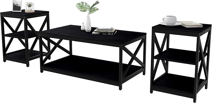 Bigbiglife Living Room Coffee Table Set of 3, Industrial X-Design Coffee Table and 2 End Side Tables, 3 Piece Living Room Table Set with Large Storage for Apartment Home (Black)