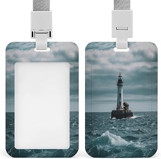 Lighthouse Ocean Badge Holder, Fashionable Waterproof Plastic Card Sleeve,Cute Durable Card Name Tag Lanyard,Vertical Lanyards for Id Badges Suitable for Office Use