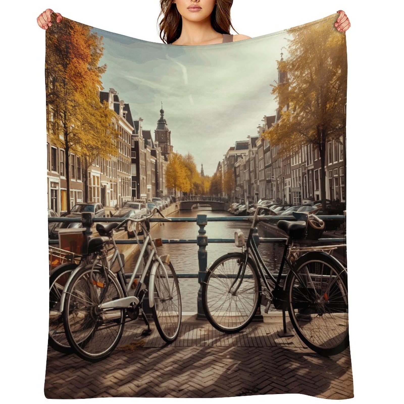 Flannel Fleece Throw Blanket - 50"x60" Super Soft Plush,Lightweight Wrinkle Resistant Cozy Bicycles in Amsterdam Blanket for Couch Sofa Bed Travel Camping and Gift