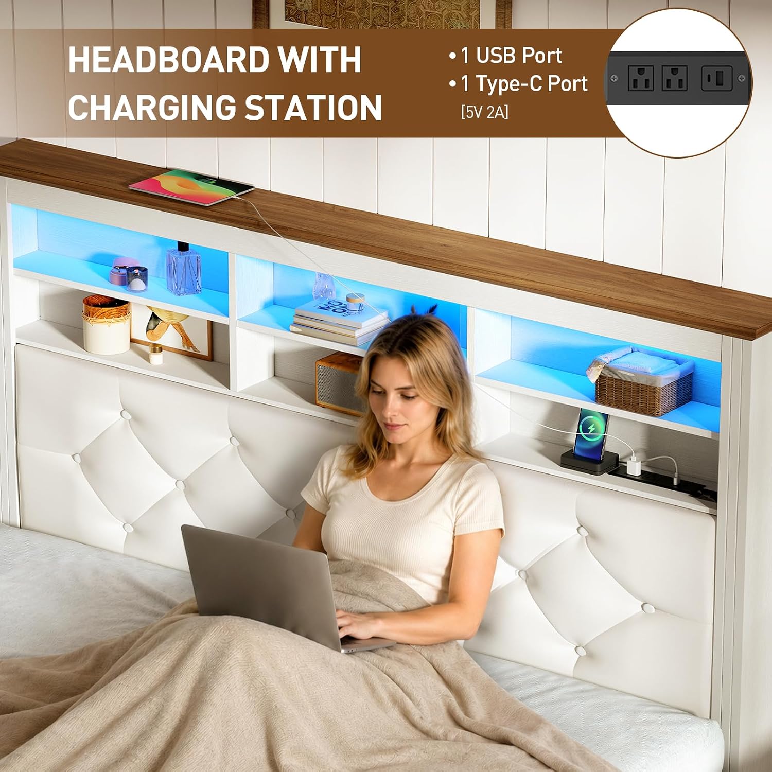 RALGEND Queen Bed Frame with 51'' Tall Headboard, Bed Frame Queen Size with PU Upholstered Storage Headboard, Charging Station & LED Lights, Noise-Free, No Box Spring Needed, White Walnut