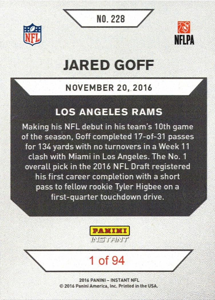 2016 Panini Instant Football #228 Jared Goff Rookie Card - Only 94 made!