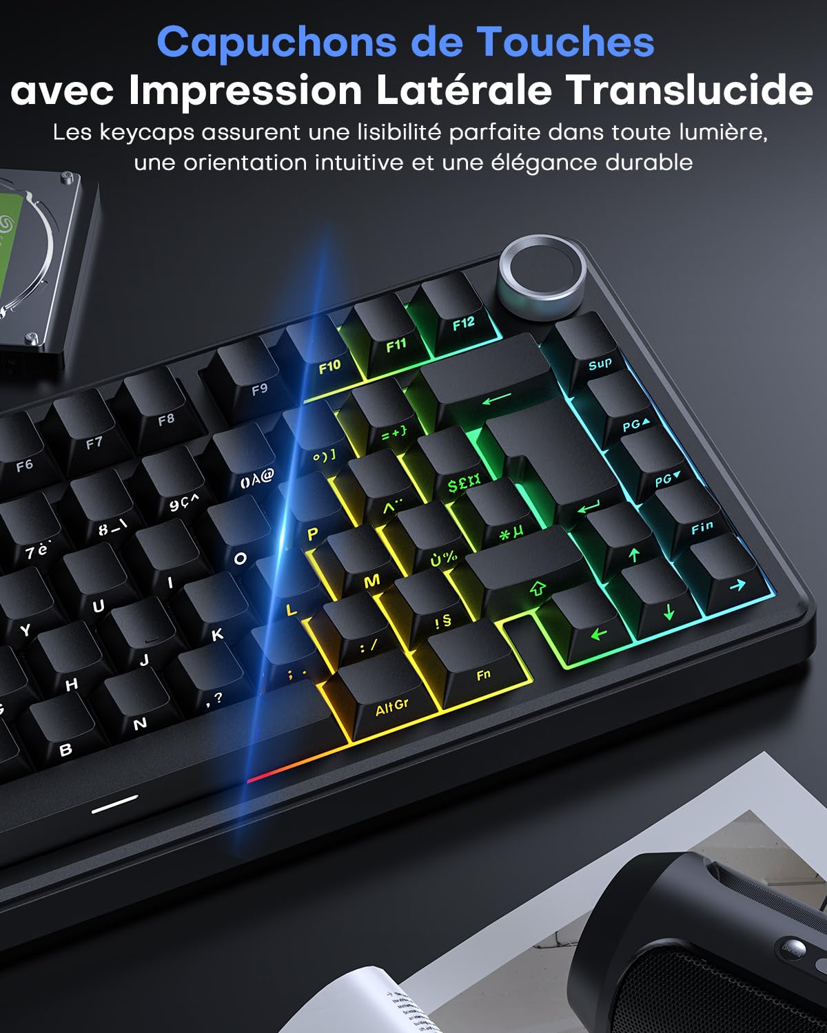 OMOTON Capuchons de Touches en Français, Cherry Profil 127 Touches PBT avec extracteur de Touches, Gravur Latéral pour MX Switch 61/68/84/87/96/108 ANSI/ISO-FR Layout claviers mécaniques - Noir