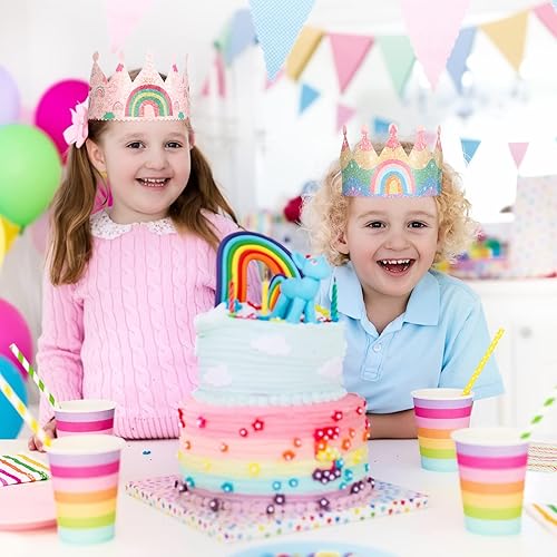 Vista 6 de Kathfly Sombreros de fiesta de cumpleaños arcoíris con corona de arco iris para cumpleaños de niños, eventos, suministros de fiesta temática de arco