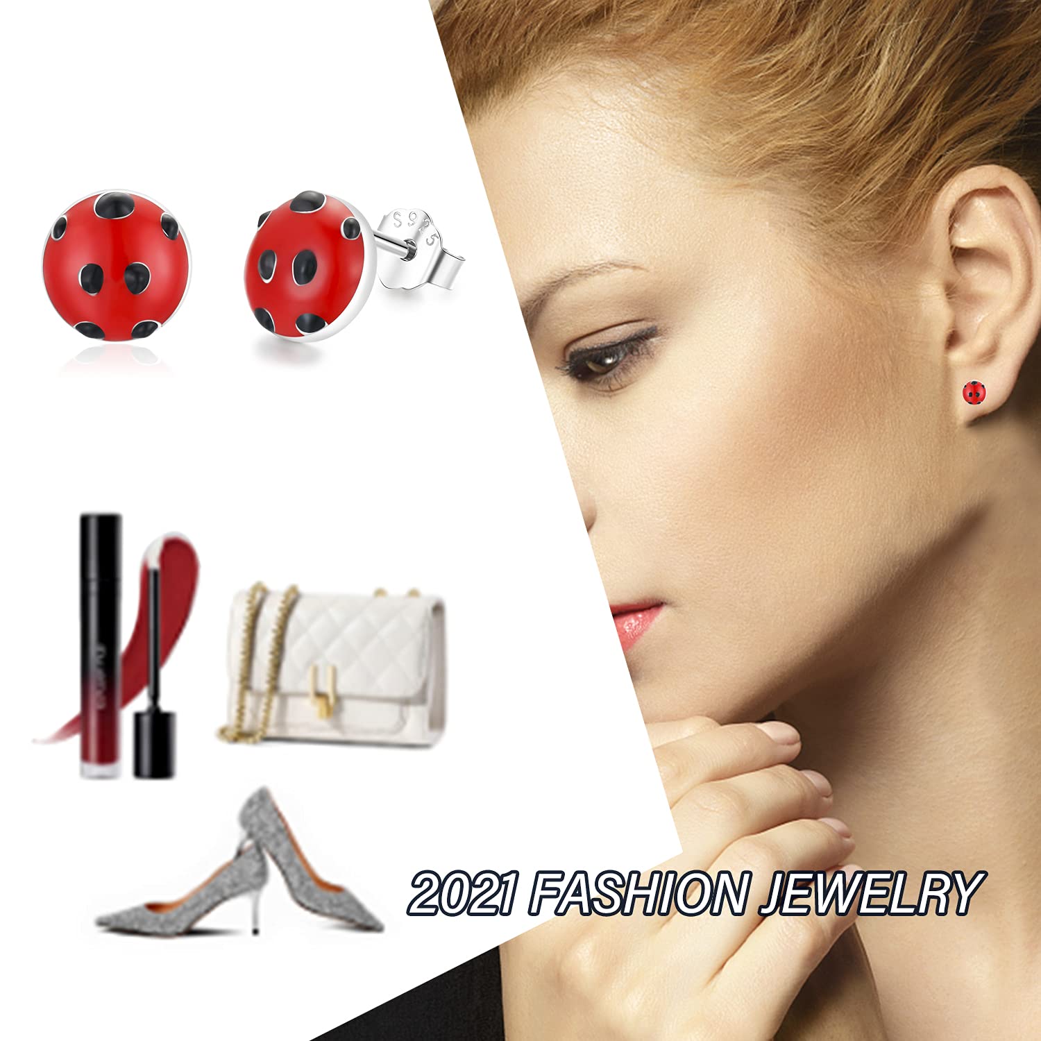 Pendientes de mariquita para mujeres y niñas, plata de ley 925, hipoalergénicos, bonitos aretes para orejas sensibles, joyería de mariquita, regalos para hija