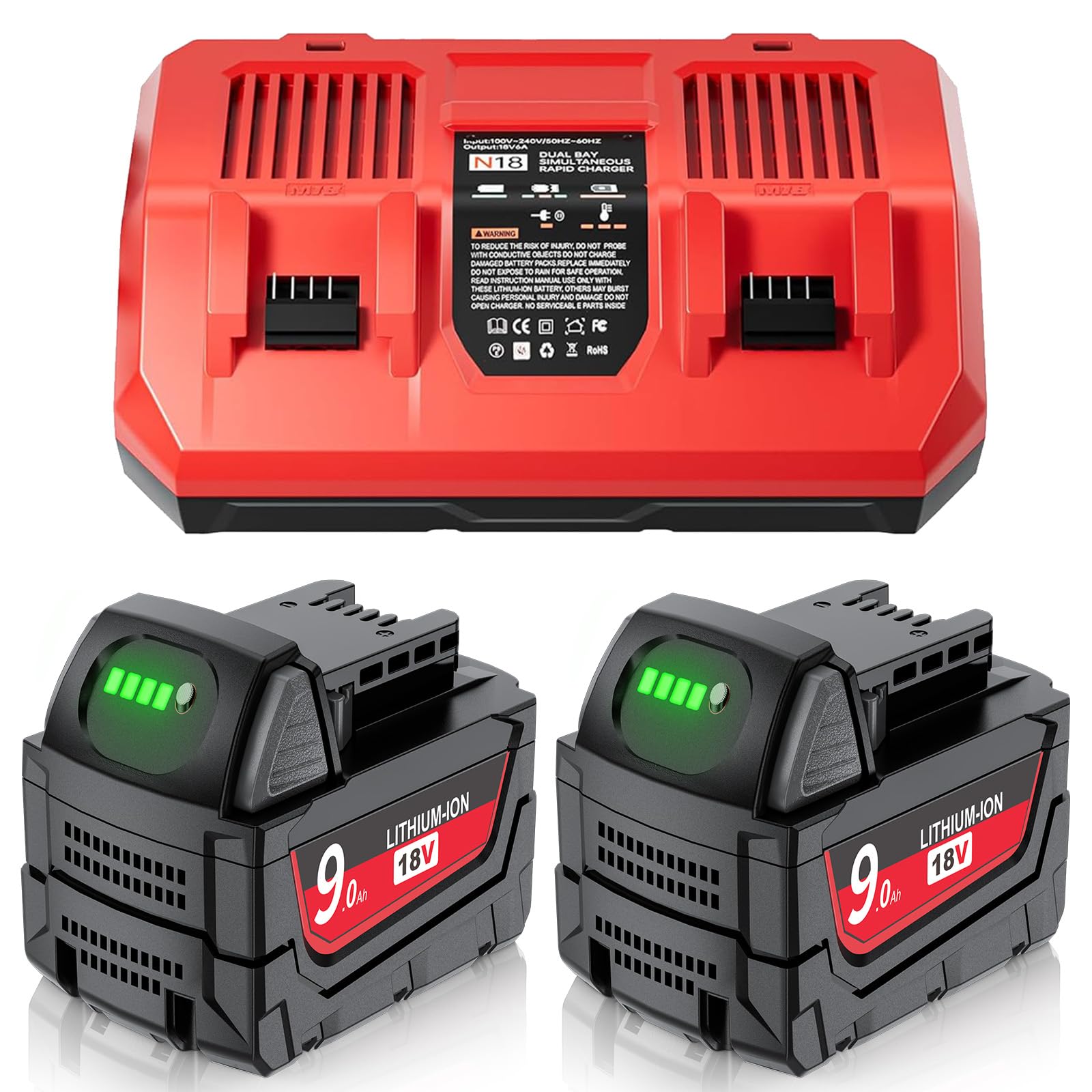 2Pack 9.0Ah Replacement for Milwaukee M18 Battery and Dual Charger 18 Volt Battery Compat…