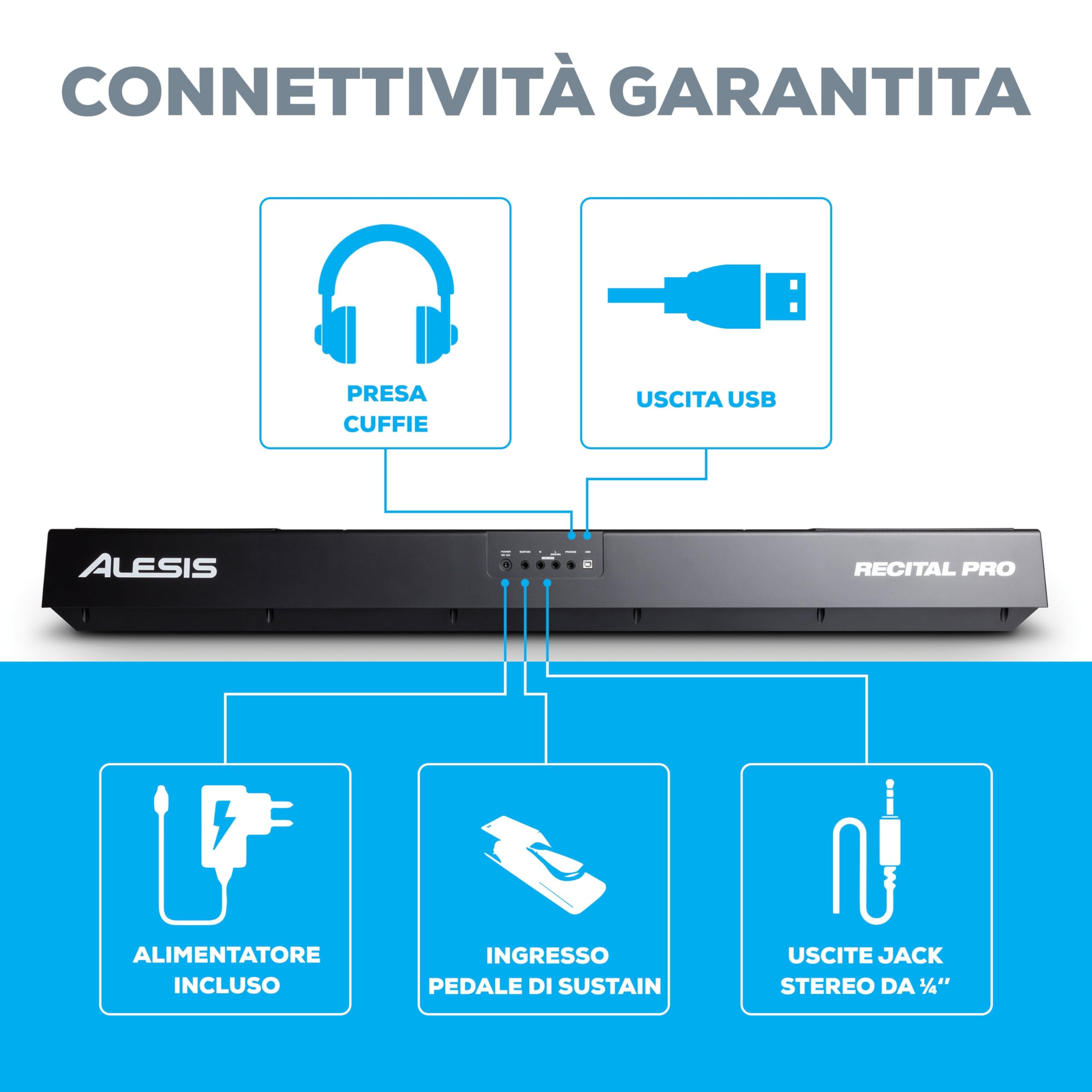 Alesis Recital Pro - Pianoforte Digitale 88 Tasti Pesati/Pianola con Casse Integrate da 20W, Presa Cuffie, 12 Suoni, Alimentatore e Lezioni Online