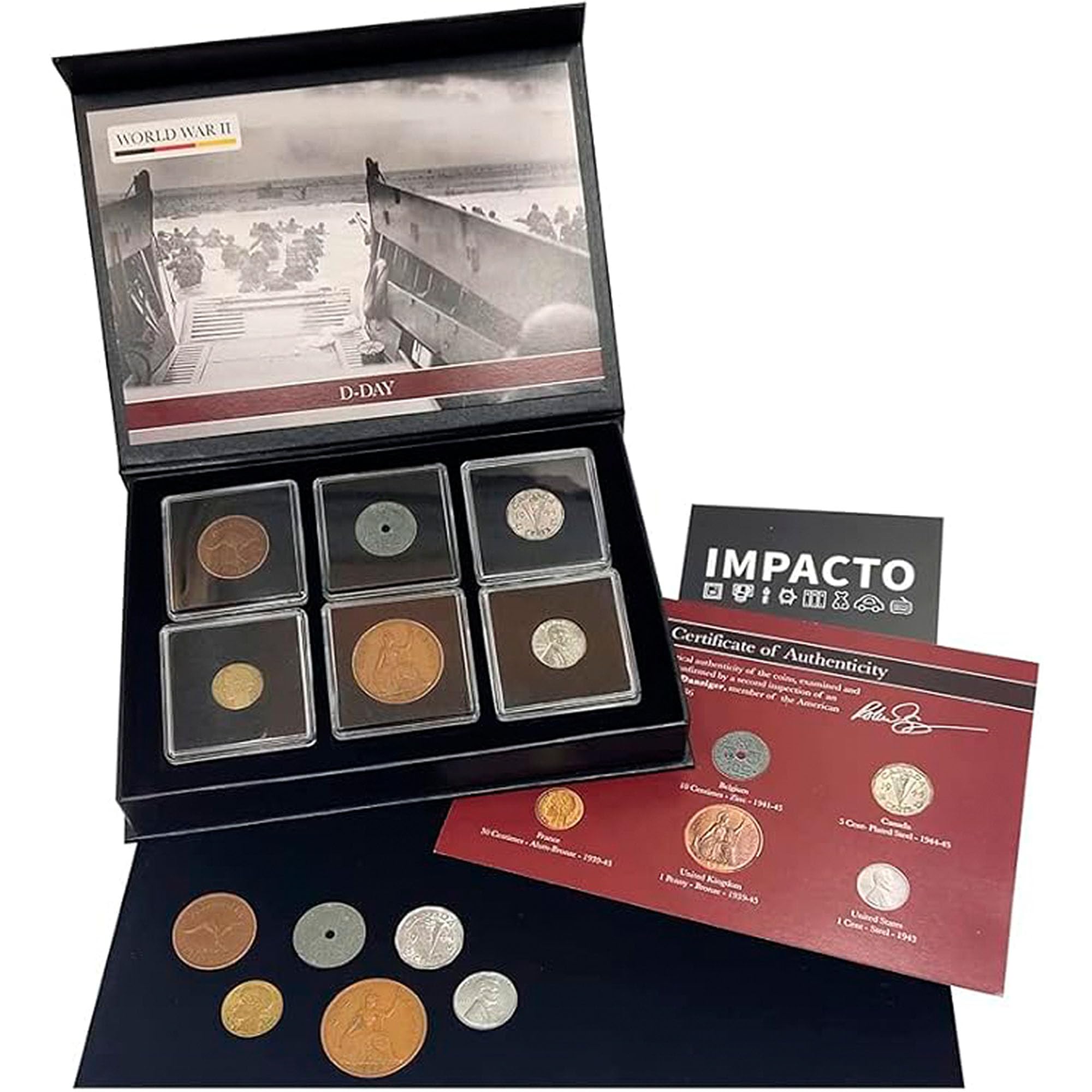 IMPACTO COLECCIONABLES Collection de 6 Monnaies Authentiques de la Seconde Guerre Mondiale - Débarquement de Normandie (D-Day 1944) - Coffret de Collection avec Certificat d’Authenticité