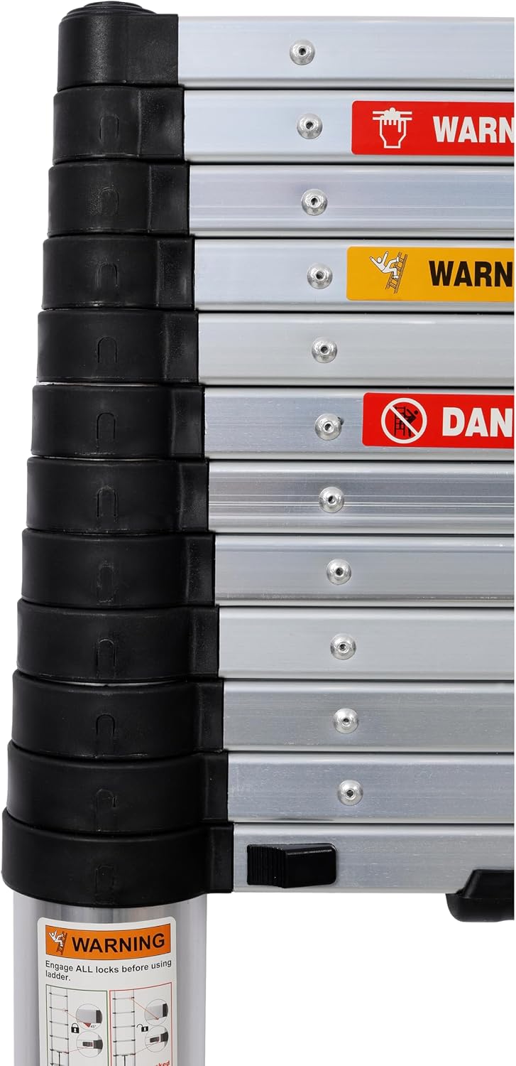 12.5FT Telescopic Ladder Aluminum Ladder with Non-Slip Feet, Slow Down Safety Function with Stabilizer Portable Extension Ladder for Household and Outdoor Working, 330lb Capacity