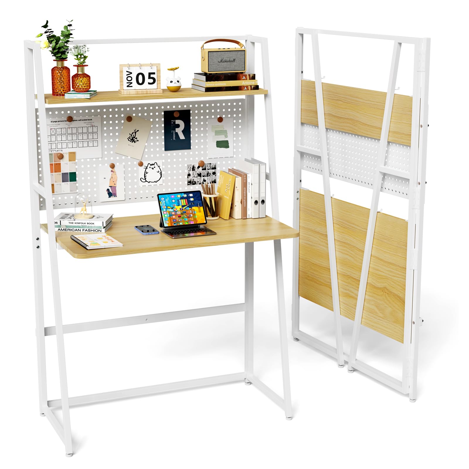 Mesa Escritorio Plegable con Estante Mesa de Oficina Plegable, Mesa Gaming Plegable para Ahorrar Espacio, Mesa Ordenador Plegable Escritorios Portátiles para Estudio, Casa Oficina 80x48x138cm, Beige
