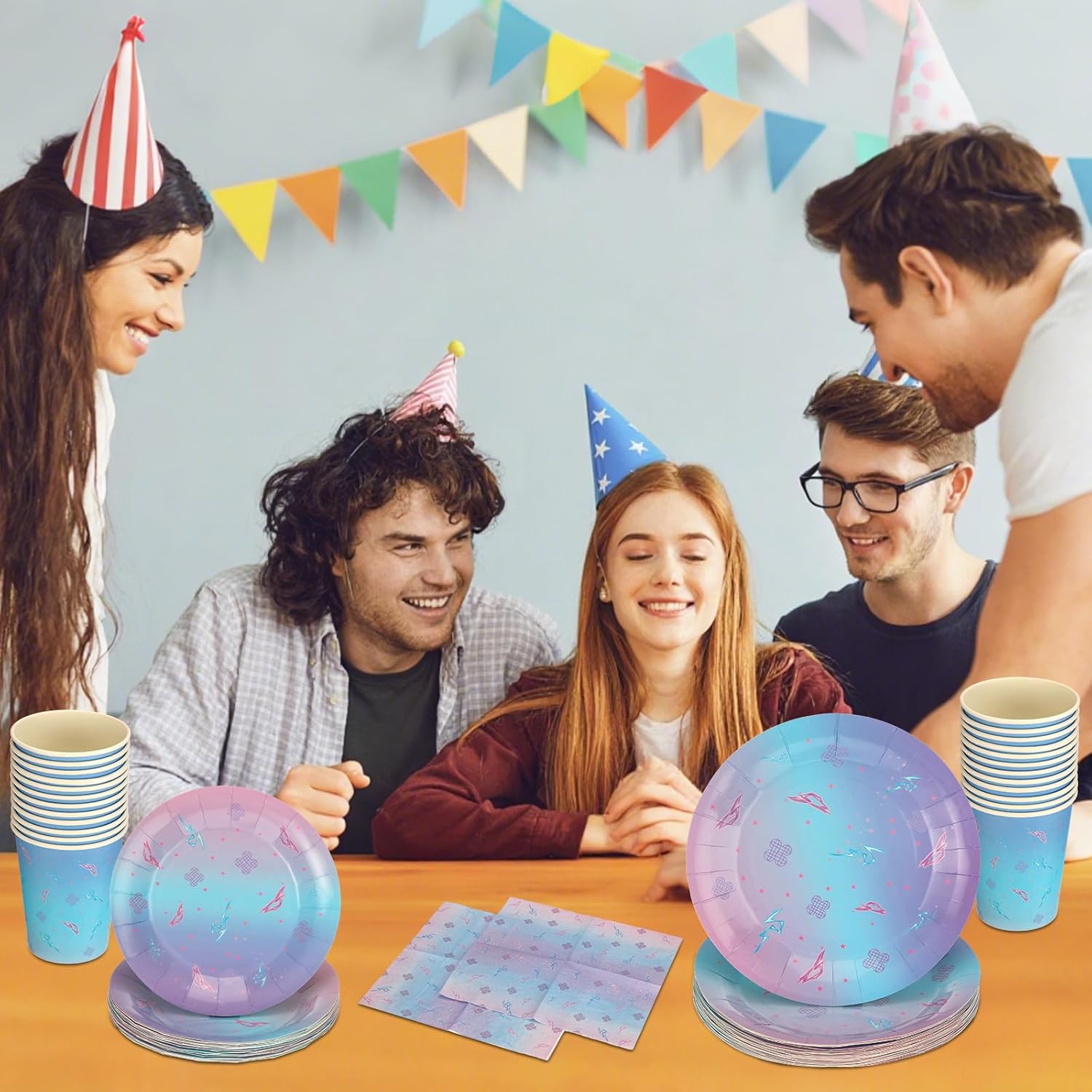 LemonRoad 100 Pcs Kpop Theme Party Supplies Paper Plates and Napkins Cups Set Purple Blue Pink Gradient with Lightning Pattern for Korean Party Birthday Wedding Holiday Fan Meeting Decorations - Image 7
