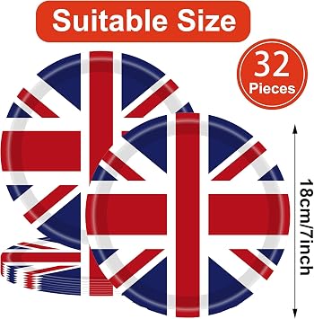 32pcs British Paper Plates 7 Disposable Britain UK England Flag Birthday Party Paper Plate British Flag Party Supplies British Flag Dessert Paper Plates Union Jack Paper Plates London National Day