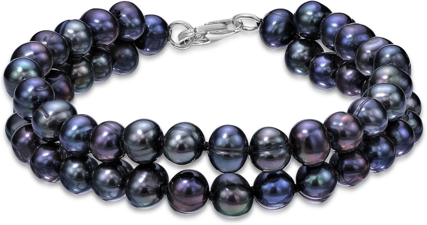 Lavari Jewelers Black Pearl One Two or Three Row Bracelet for Women in 925 Sterling Silver I 7.25 Inch with Lobster Claw Clasps I 7 mm to 21 mm Wide Round Pearl Bracelet