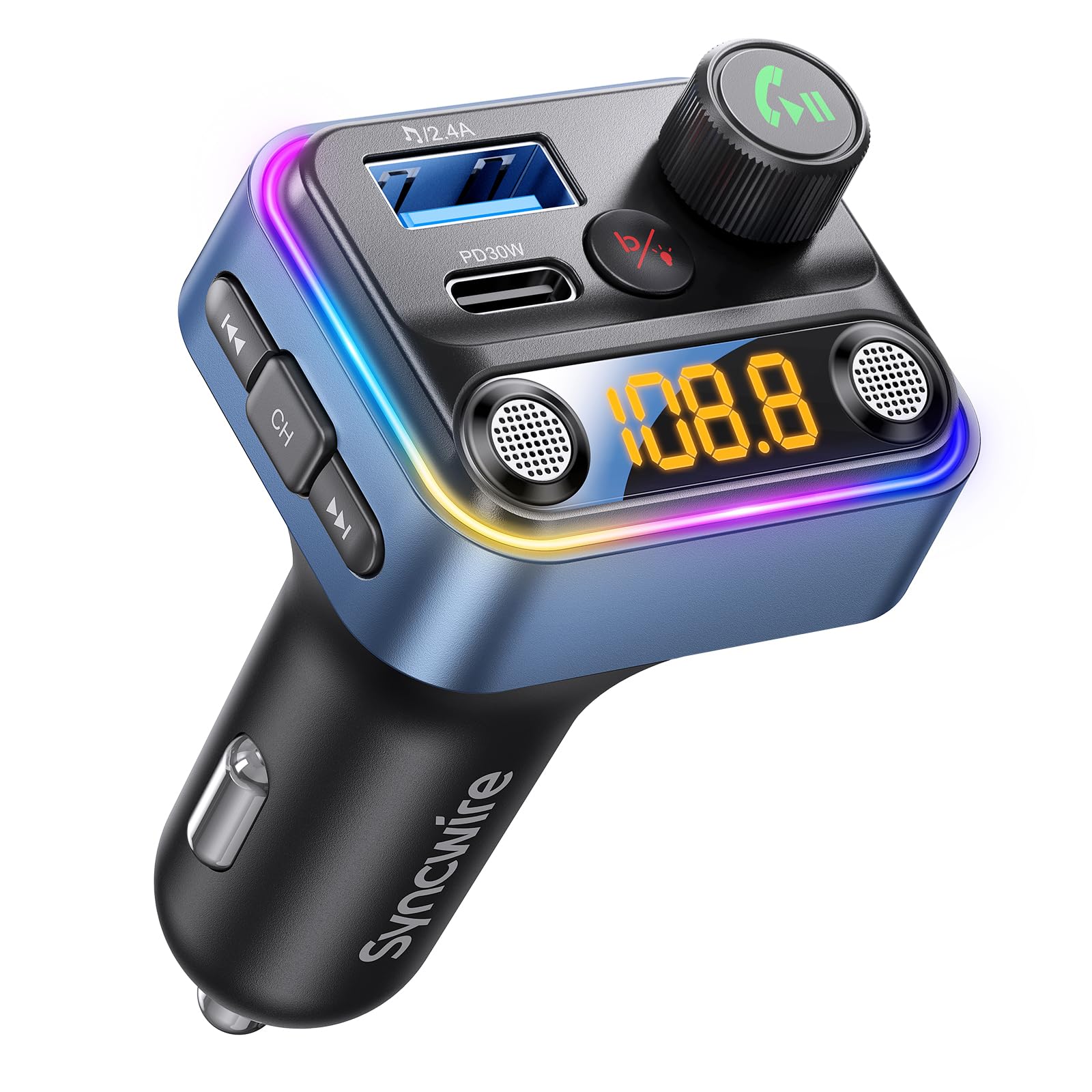 Syncwire Bluetooth 5.4 FM Transmitter Car Adapter 42W [Light Switch] [Stronger Dual Mics] [HiFi Bass] [Fast Charging] Wireless Radio Music Adapter LED Display Hands-Free Call Support USB Drive, Blue