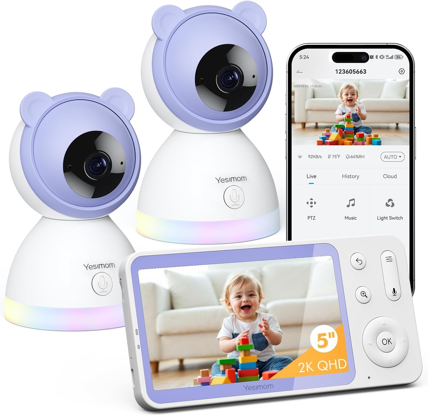YESIMOM Babyphone mit Kamera 2K/3MP, 5.5" HD WLAN Video Babyfon mit App, IR/RBG Nachtsicht, PTZ 360°, Weinen/Bewegungs-Erkennung, AI-Tracking, Bereich Alarme, 2-Wege-Audio, hohe Reichweite, 2 Stück