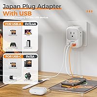 Vista 3 de TESSAN Adaptador de 2 clavijas a 3 clavijas, extensor de enchufe múltiple con 4 tomas, 3 puertos USB (1 USB C), viaje tipo A para EE. UU. a Japón