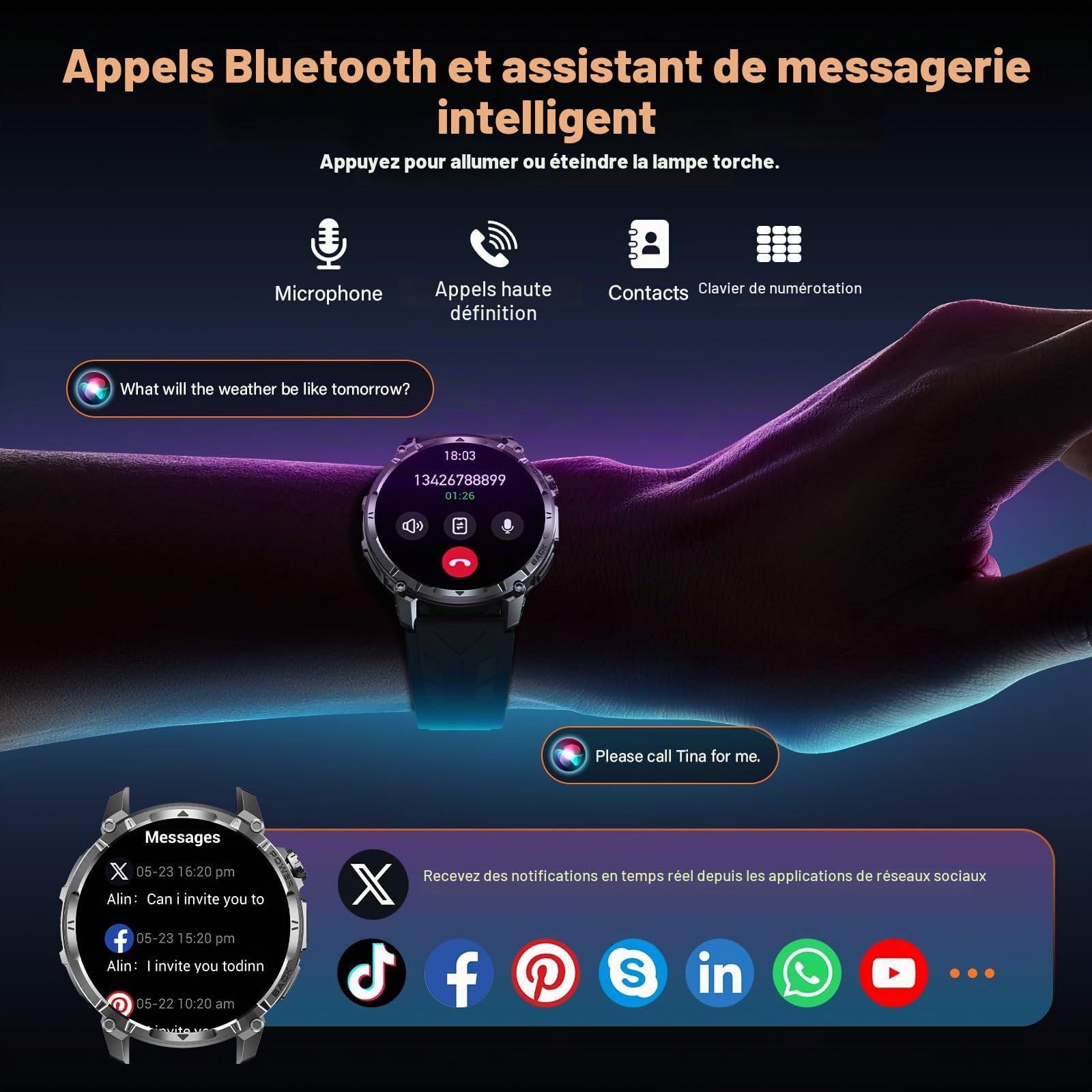 Montre Connectée Homme, 1,7'' Militaire Smartwatch avec Appel Bluetooth LED Lampe Torche 100 Ciel Veille Cardiofréquence 120+ Modes Sport Analyse Sommeil IP68 Fitness Android iOS (Silicone)