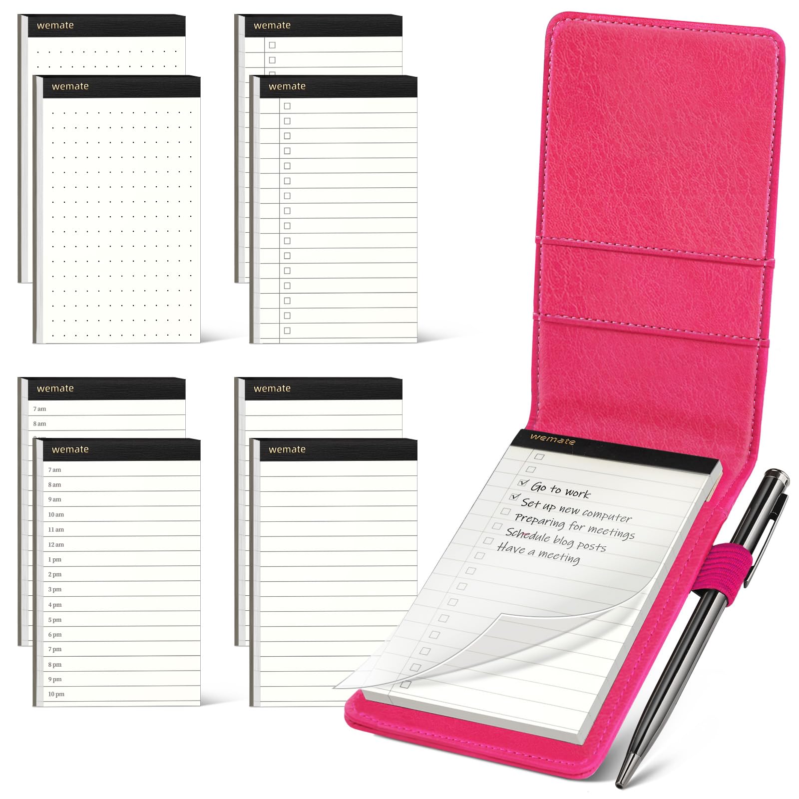 WEMATE10 Pieces Small Notepad Holder Set Pocket Notebook - Included Mini Pocket Notepad Holder Set with 8 Memo Book Refills and Metal Pen for Meetings, Daily Records, and Notes 3 x 5 Inch (Rose Red)
