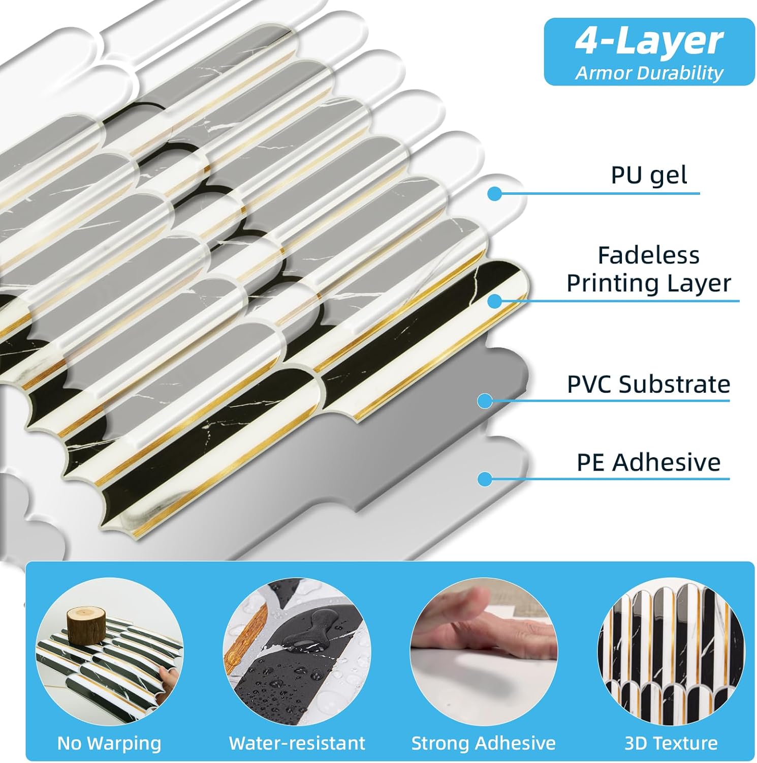 Art3d 12 x 12 Inch Heavy-Duty Peel and Stick Backsplash, Self-Adhesive Wall Tiles for Kitchen Bathroom Decor, 10-Pack Black & White Marble with Metal Gold