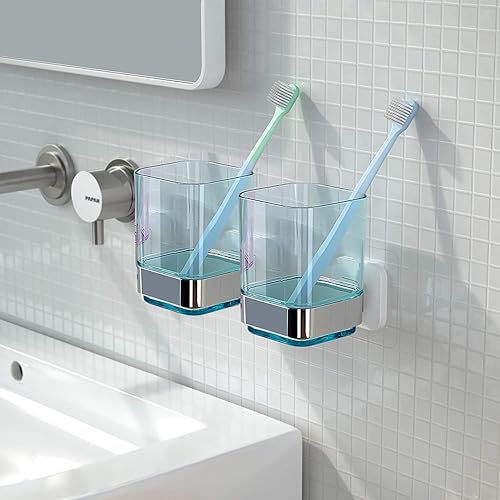 Miniatura 4 de Soporte para vaso y cepillo de dientes montado en la pared, adhesivo para colgar en la pared, organizador de cepillos de dientes eléctricos para