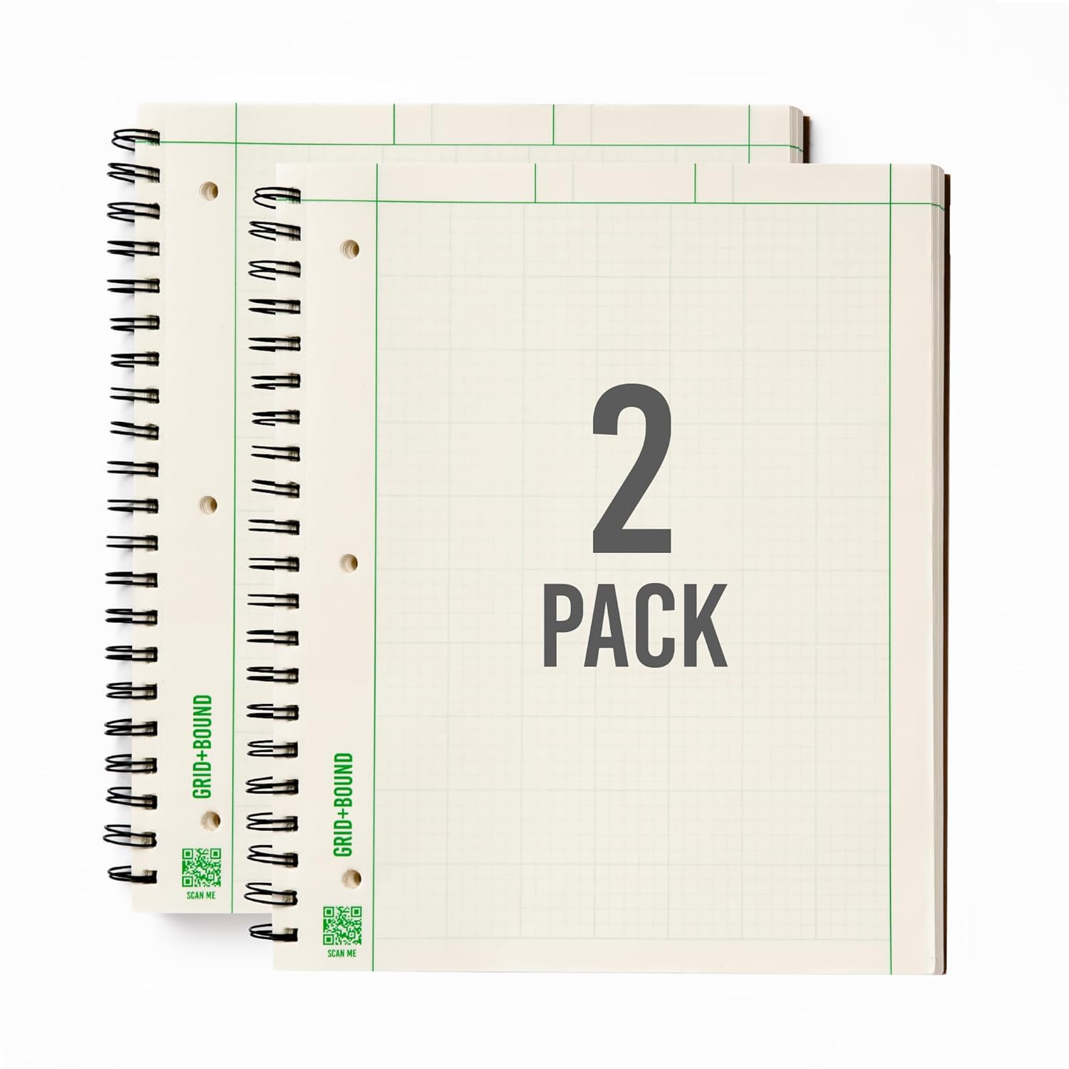 Grid+Bound Engineering Notebook, Spiral-Bound, 2 Pack, 8.5" x 11", Green Tint, Margin Front, 5x5 Graph Back, 150 Sheets per Notebook      Spiral-bound