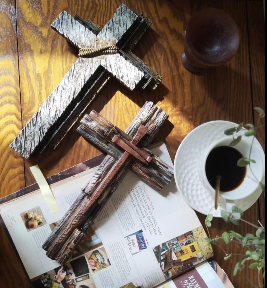 Eagrafts Rustic Decorative Layered Wood Like Resin Wall Cross With Faux Iron Nails, Home Wall Decor