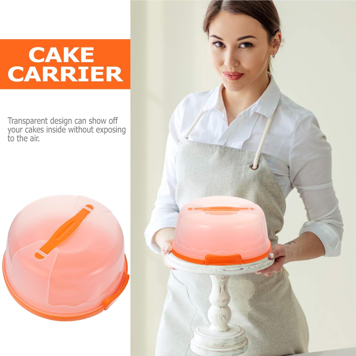 Cake Carrier Plastic Cake Carrier Holder with Handle 8 Inch Plastic Cupcake Container Box Round Cookies Muffin Storage Keeper Server Stand Dome for Transporting Baked Goods Orange