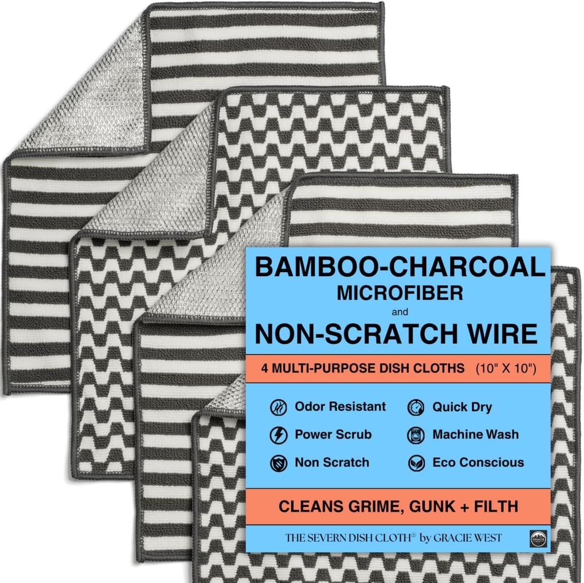 Severn Dish Cloths for Washing Dishes 4pk. Odor-Resistant Dish Rags with Non-Scratch Wire Scrubber Side for Kitchen Cleaning. Grime-Fighting Bamboo-Charcoal Microfiber 2-Sided Dishrags. Machine Wash