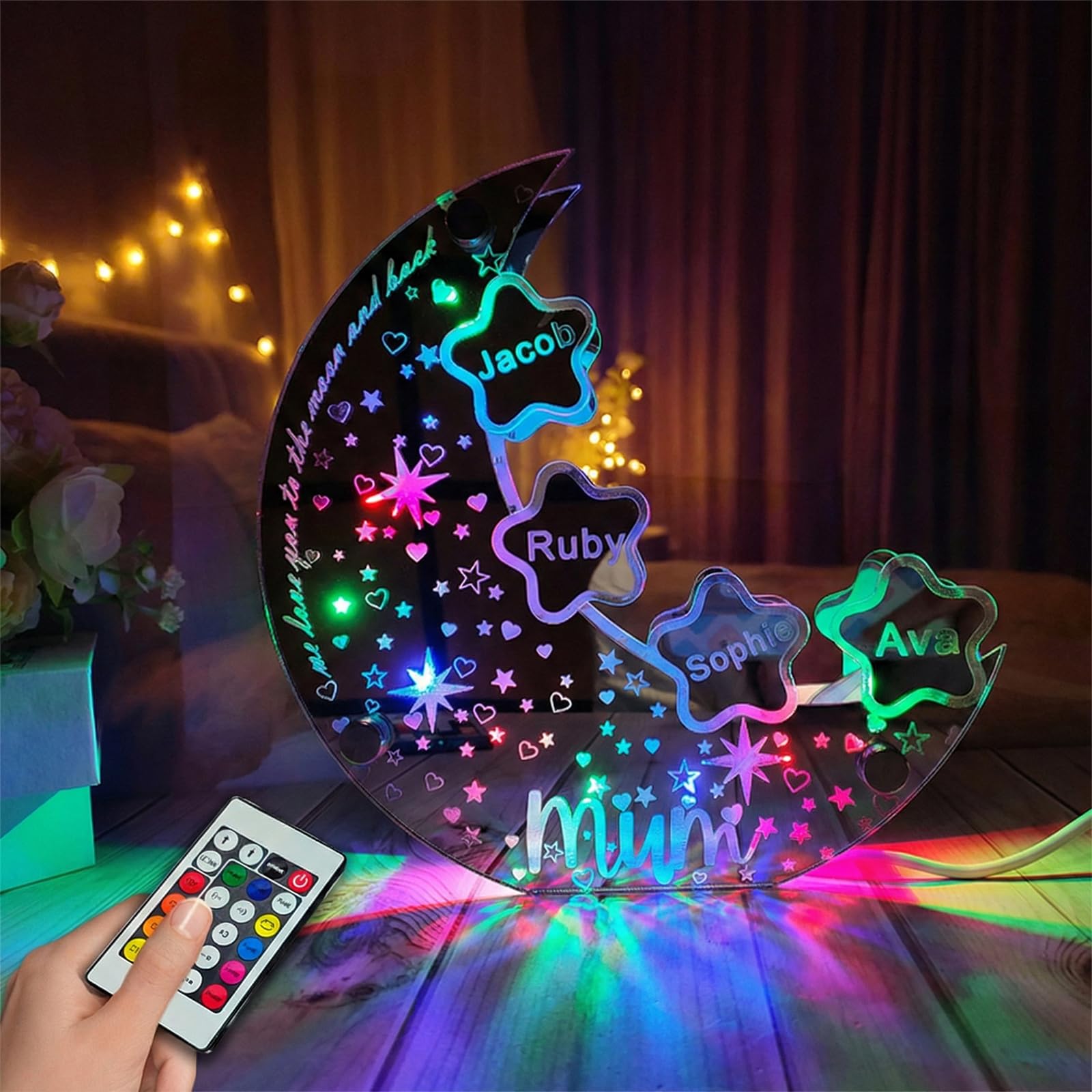 Personalized Moon Light for Mom Crescent Moon and Stars with