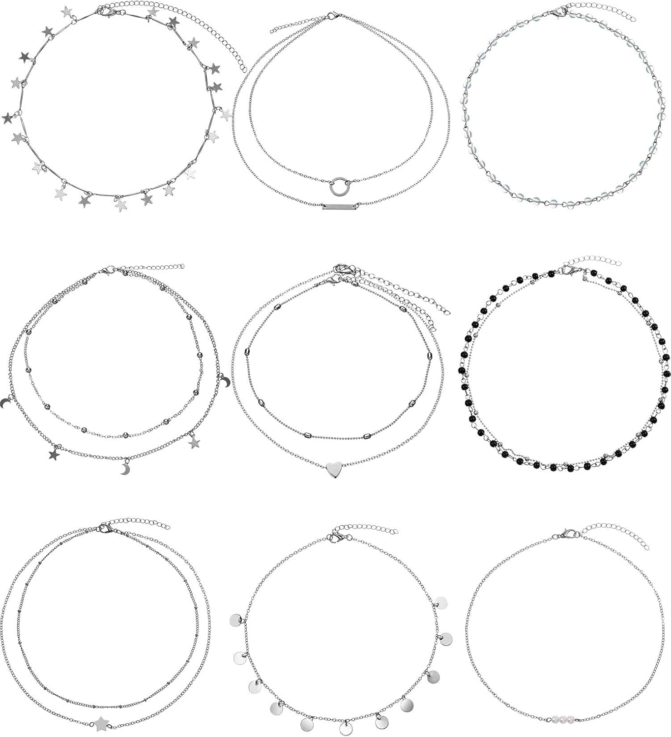 BBTO 9 Pieces Women Girls Layered Choker Necklace Sliver