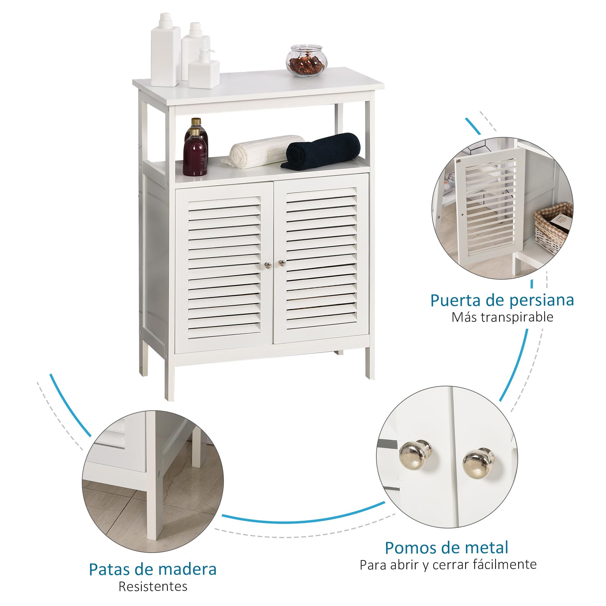 kleankin Mueble de Baño con 2 Puertas de Persianas 60x30x81,6 cm Blanco