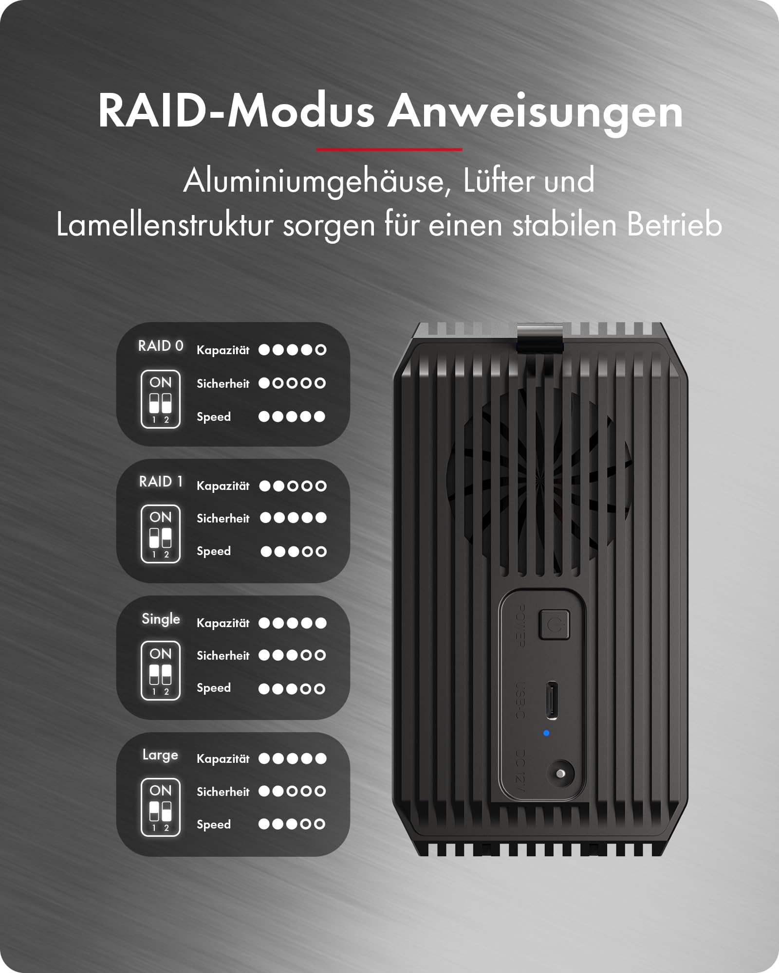 ICY BOX (2-Bay RAID-System 2,5"/3,5" SATA, USB 3.2 Gen 1 Type-C, RAID 0/1/SINGLE/LARGE, 50-mm Lüfter, LED-Status, Aluminium) Externes Gehäuse für HDD/SSD, bis 30 TB IB-RD3720-CU3