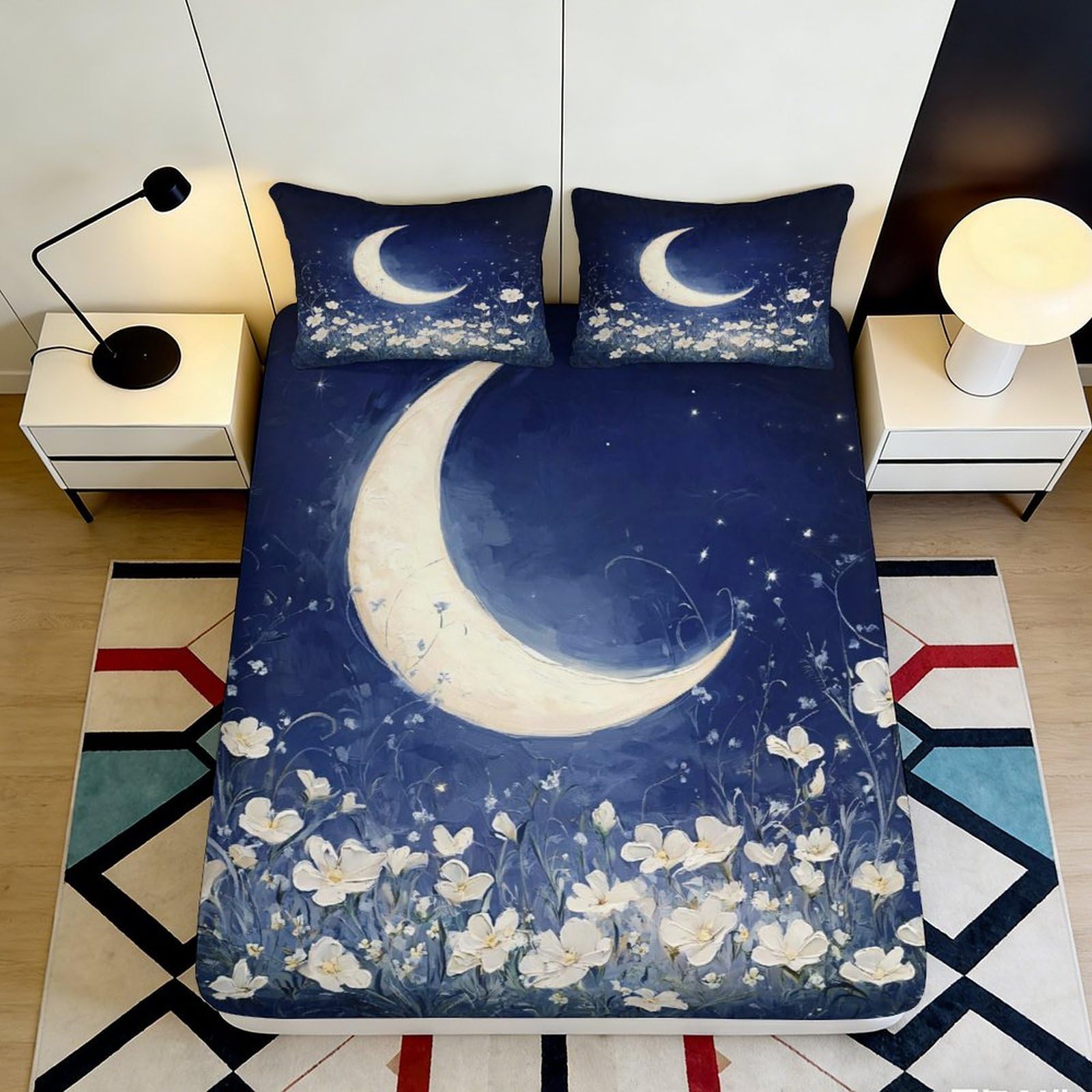 3D Printed Moon Night Fitted Sheet Microfiber Soft Breathable Cloud Sky Mattress Cover for Bedroom Guest Room Decor 90x200x25cm